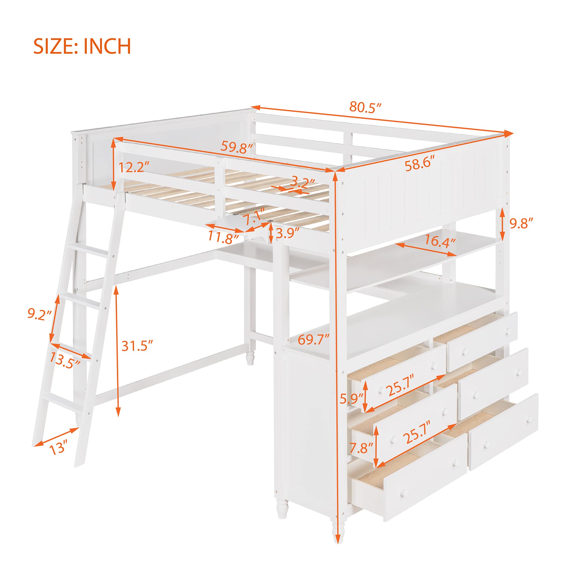 Full Size Wooden Loft Bed Frame with 6 Storage Drawers, Shelves, Desk & Safety Ladder - Sturdy Kids Bedroom Furniture for Small Spaces - Perfect for Teens, College Dorms & Tiny Homes (White)