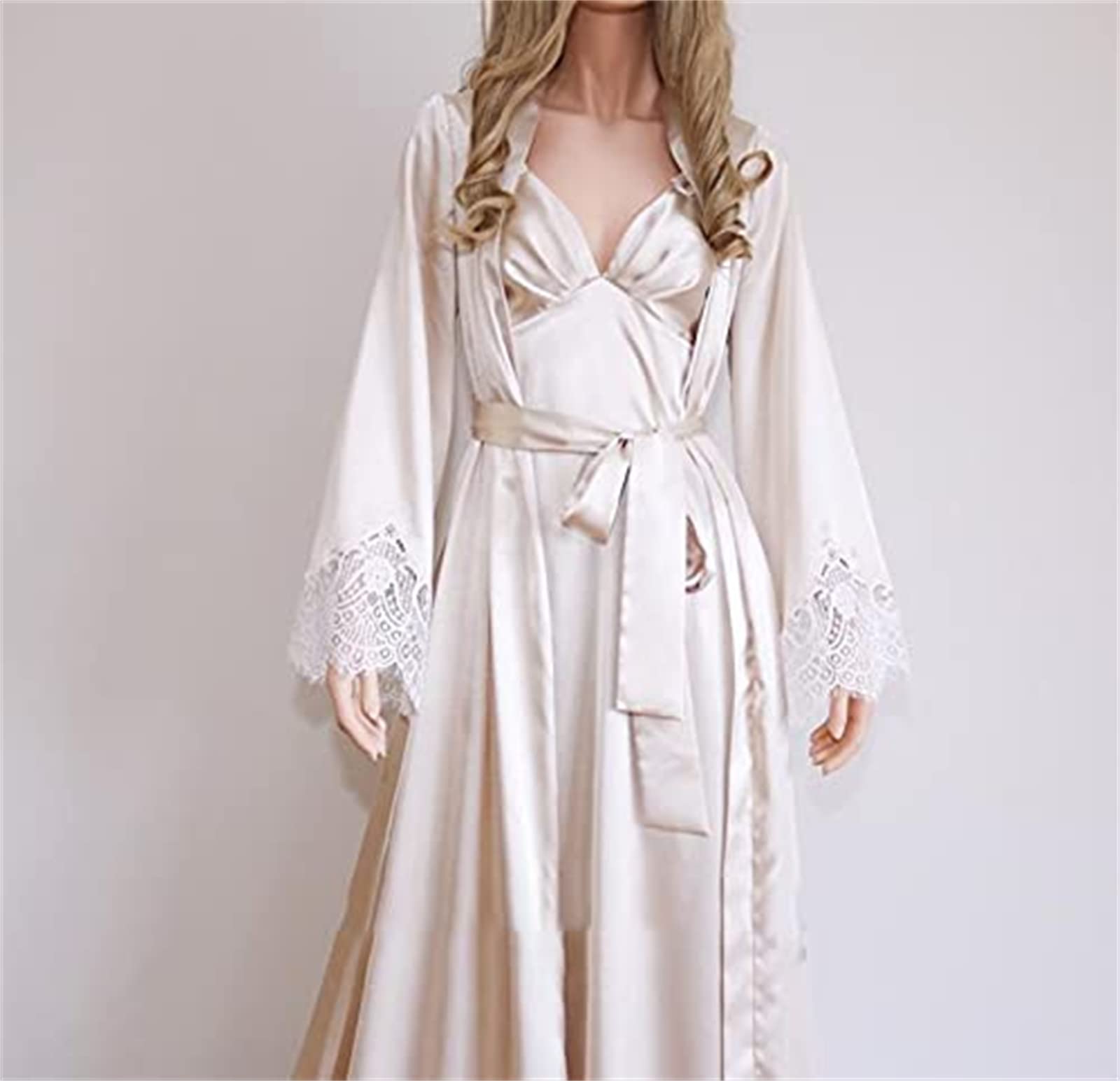 Sexy Satin Long Kimono Robe & Lace Pajama Set for Women - 2 Piece Sleepwear Nightgown for Bridal Party, Honeymoon & Boudoir Photography | Plus Size Available