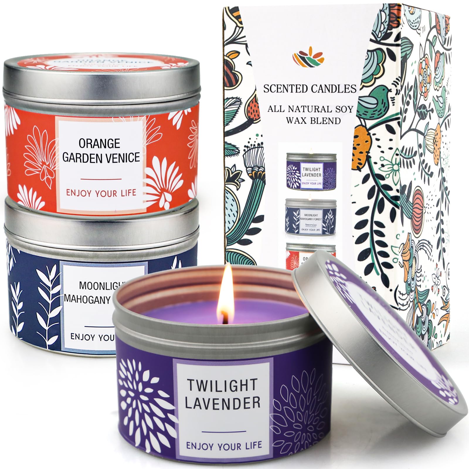 3 Pack Long-Lasting Soy Candles - Lavender, Orange Blossom & Mahogany Aromatherapy for Home Relaxation, Valentine's Day Gifts & Romantic Ambiance | Scented Candle Set for Stress Relief & Cozy Evenings