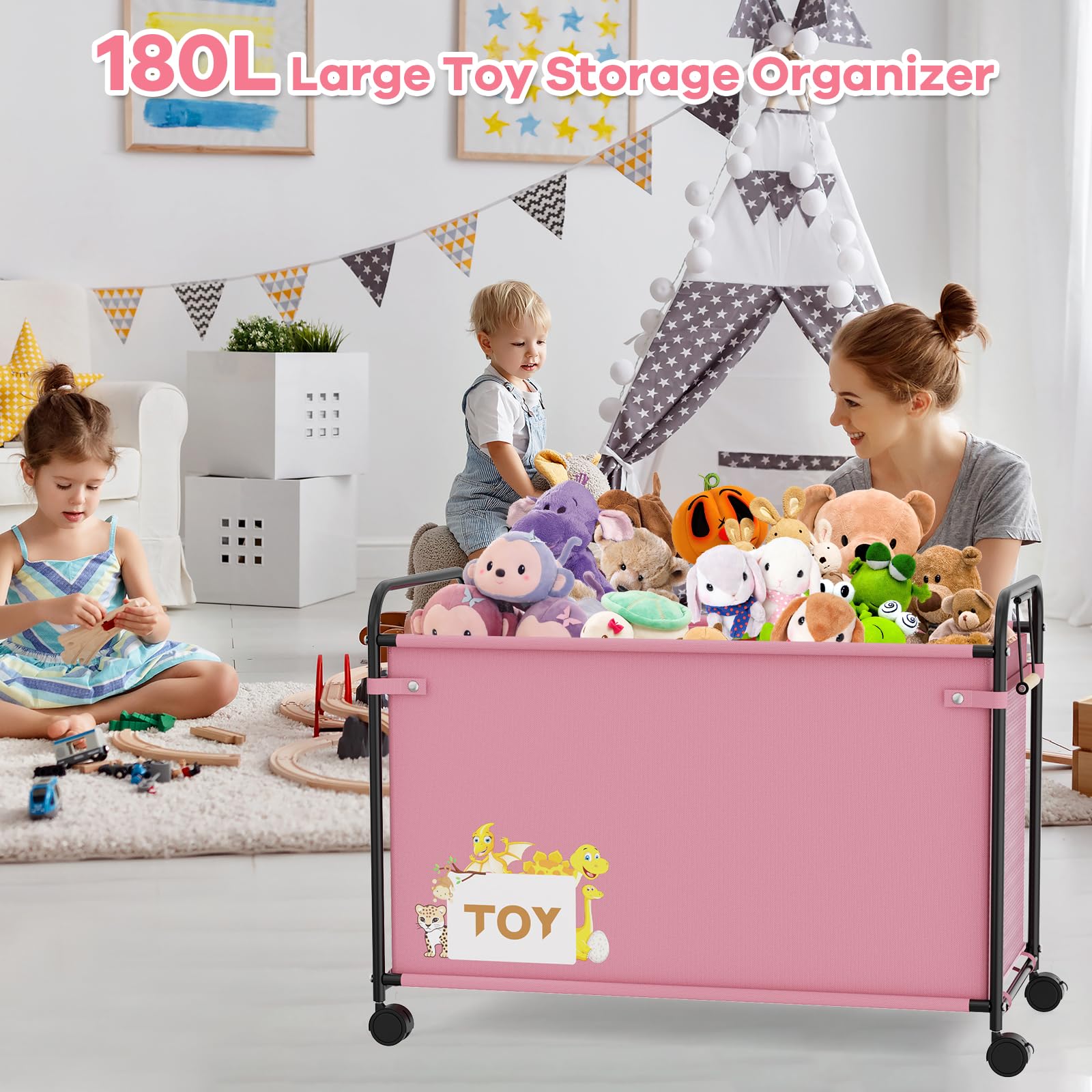 180L Extra Large Toy Storage Box with 360° Wheels - Durable Oxford Cloth & Metal Toy Chest for Kids, Stuffed Animals, Clothes Organizer - Perfect for Bedroom, Living Room, Nursery (Pink) - Ideal for Home Organization & Kids Playroom Storage