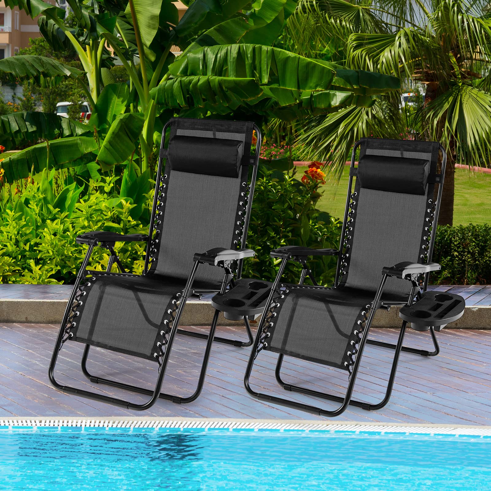 2-Pack HAPPYGRILL Zero Gravity Lounge Chairs - Adjustable Outdoor Recliners with Cup Holders for Patio, Backyard, Beach & Poolside Relaxation | Portable Folding Design for Camping, Picnics & Sunbathing