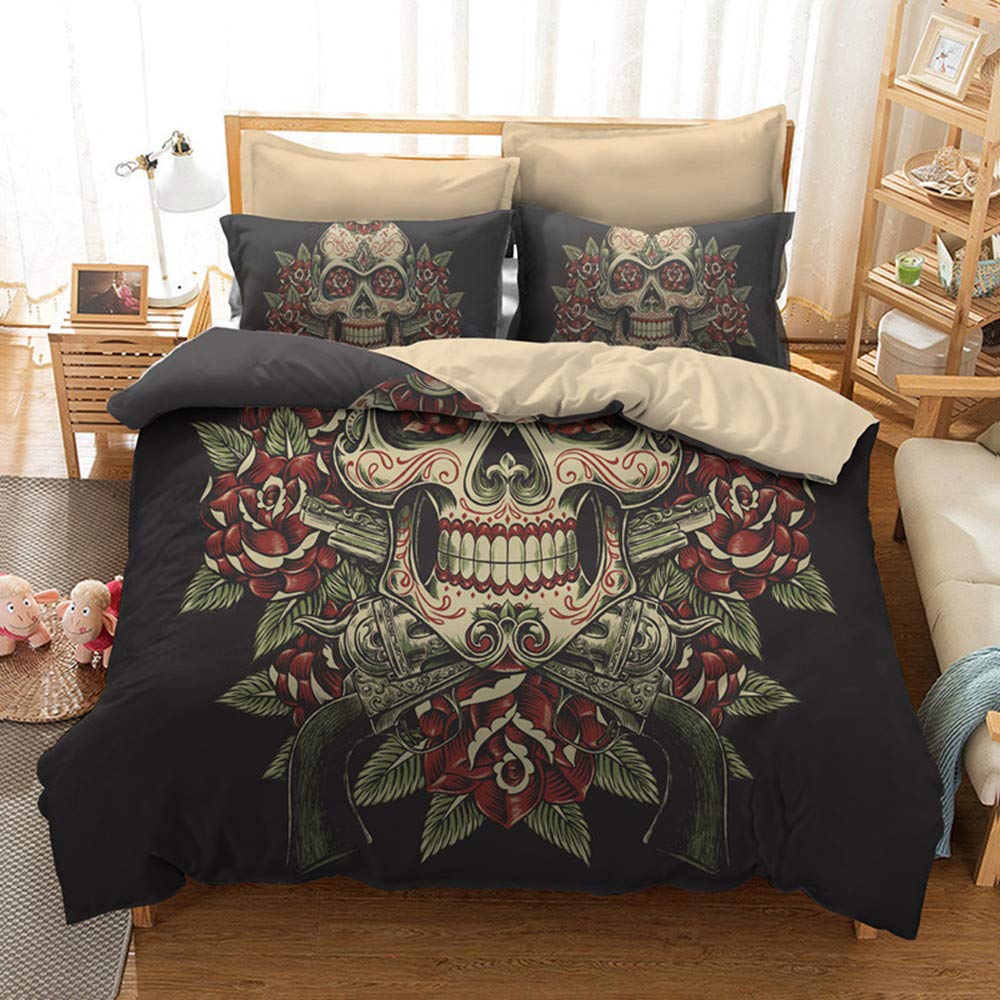 3D Sugar Skull Duvet Cover Set - Luxury Floral Skull Bedding for Twin/Full/Queen/King Size Beds (Comforter Not Included) - Perfect for Halloween Decor, Gothic Bedroom & Boho Chic Home Decor