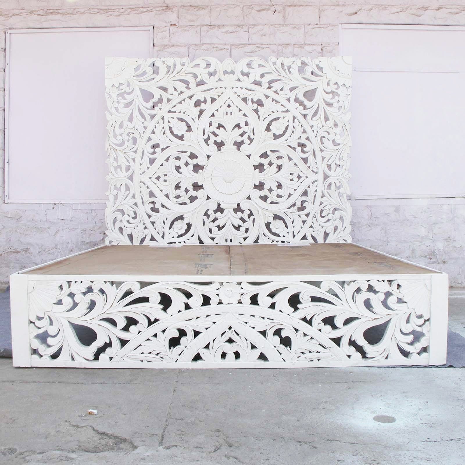 Hand Carved Indian Solid Wooden Amani Bed Frame - Queen Size White - Elegant Boho Bedroom Furniture for Master Bedroom or Guest Room