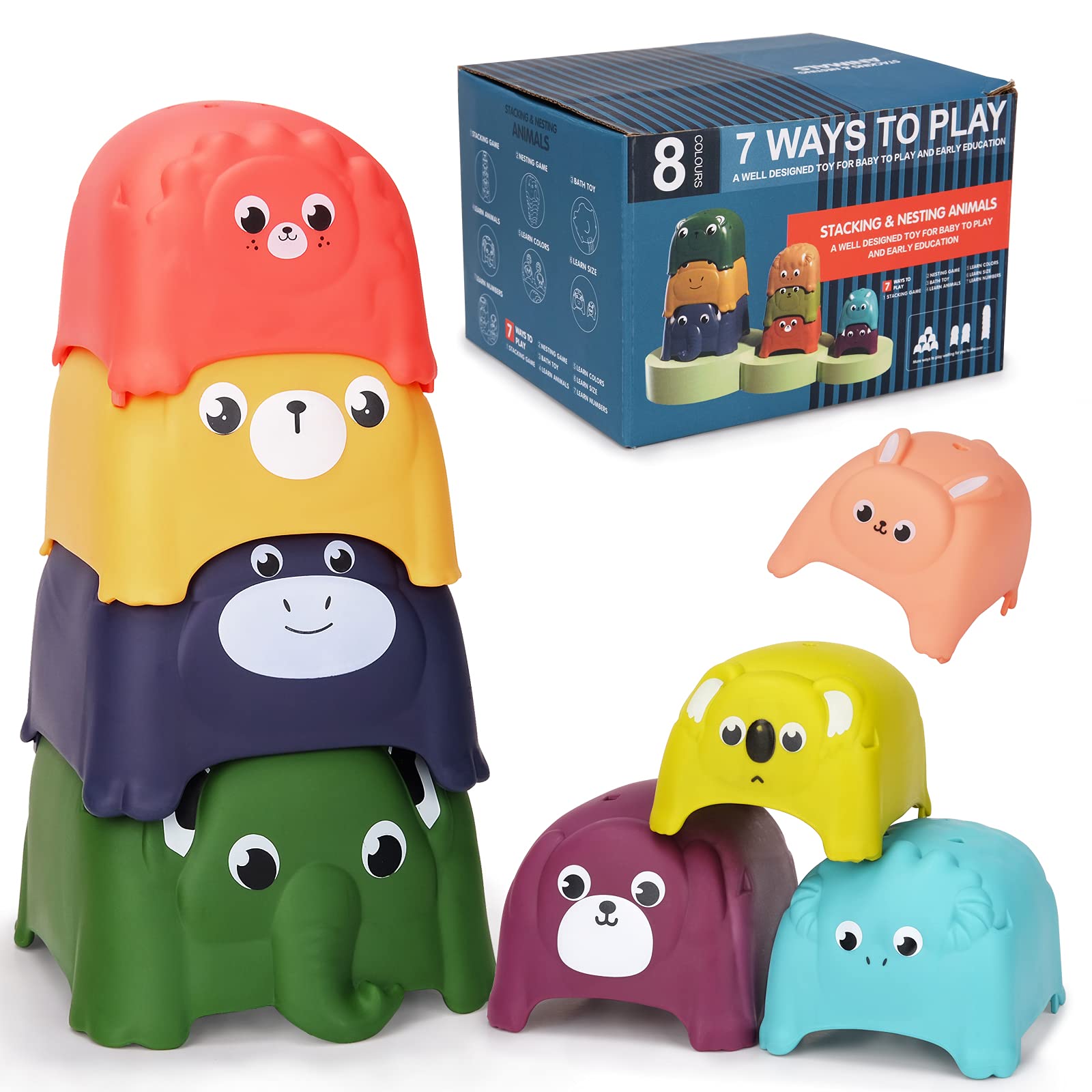 MINTINIC 8-Piece Baby Bath Toys - Stacking Cups with Animal Tower Design, Montessori Learning Toys for Toddlers, Water Play & Outdoor Educational Games for Kids - Perfect for Bathtime Fun and Early Childhood Development