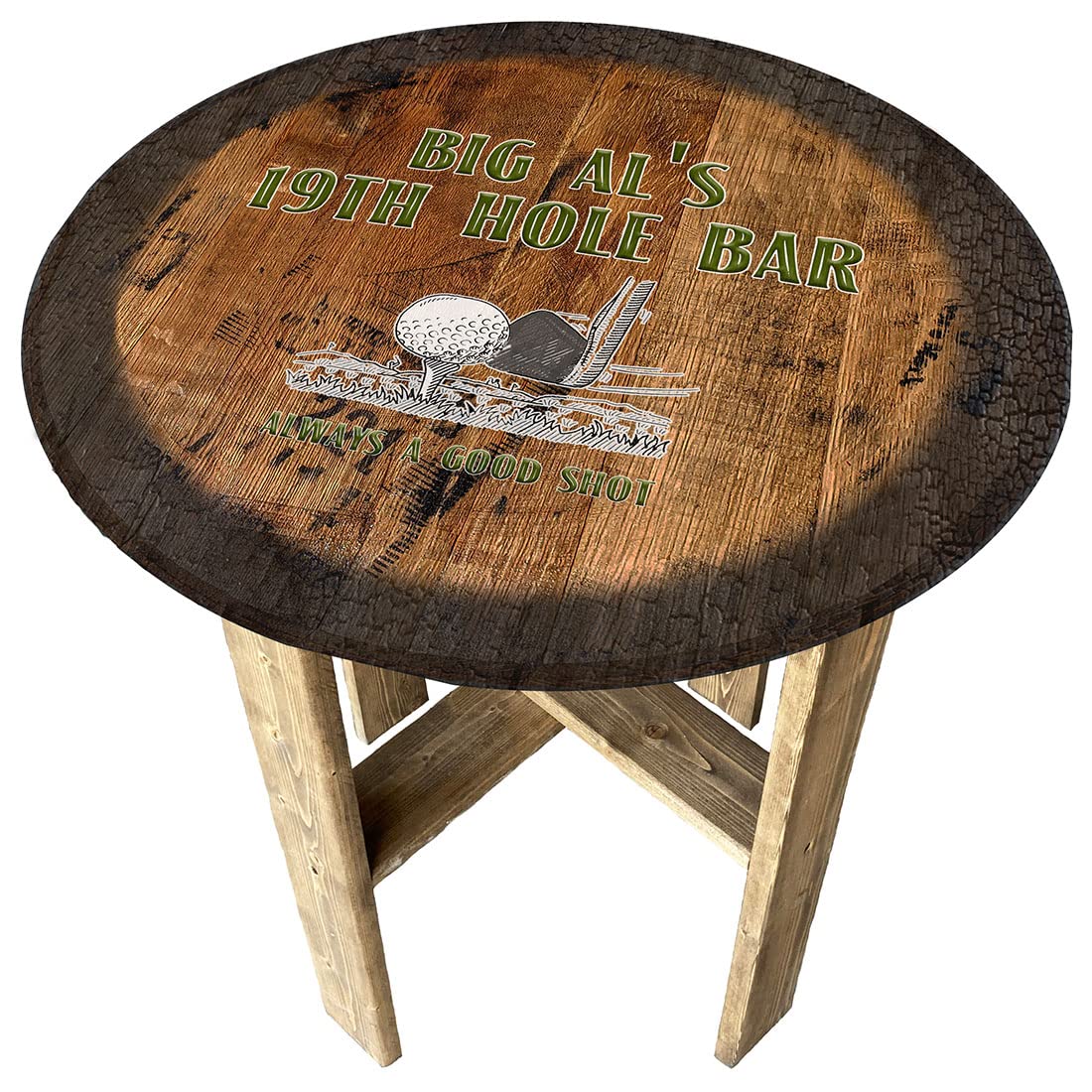 19th Hole Clubhouse Golf Wall Decor - Rustic Whiskey Barrel End Table for Farmhouse Style - Perfect for Man Cave, Sports Bar & Home Office Decor