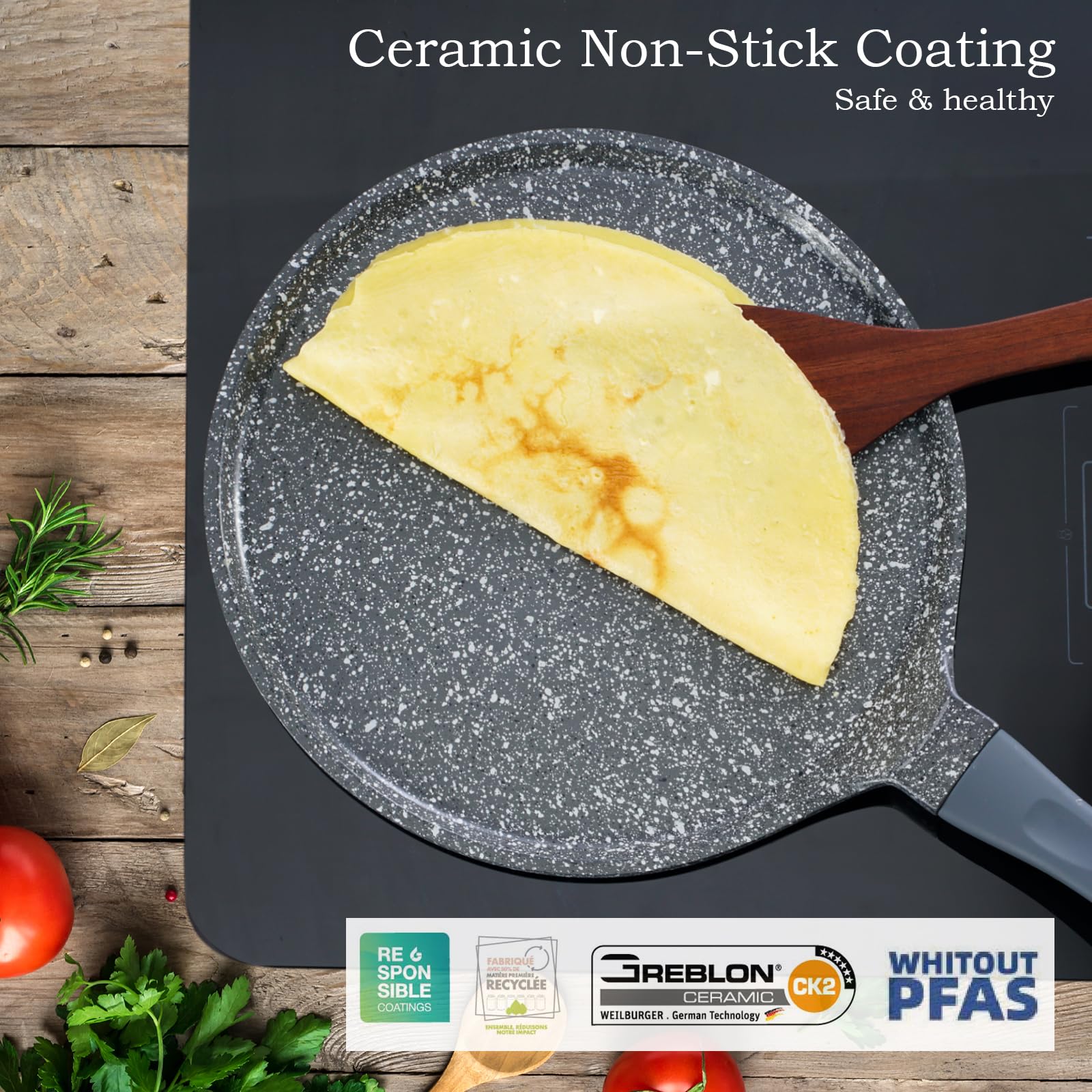 ACTIV CUISINE Non-Stick Crepe Pan - 11 Inch Ceramic Coating Pancake Skillet for Easy Flipping | PFOA-Free, Ashley Grey | Perfect for Breakfast, French Crepes & Home Cooking