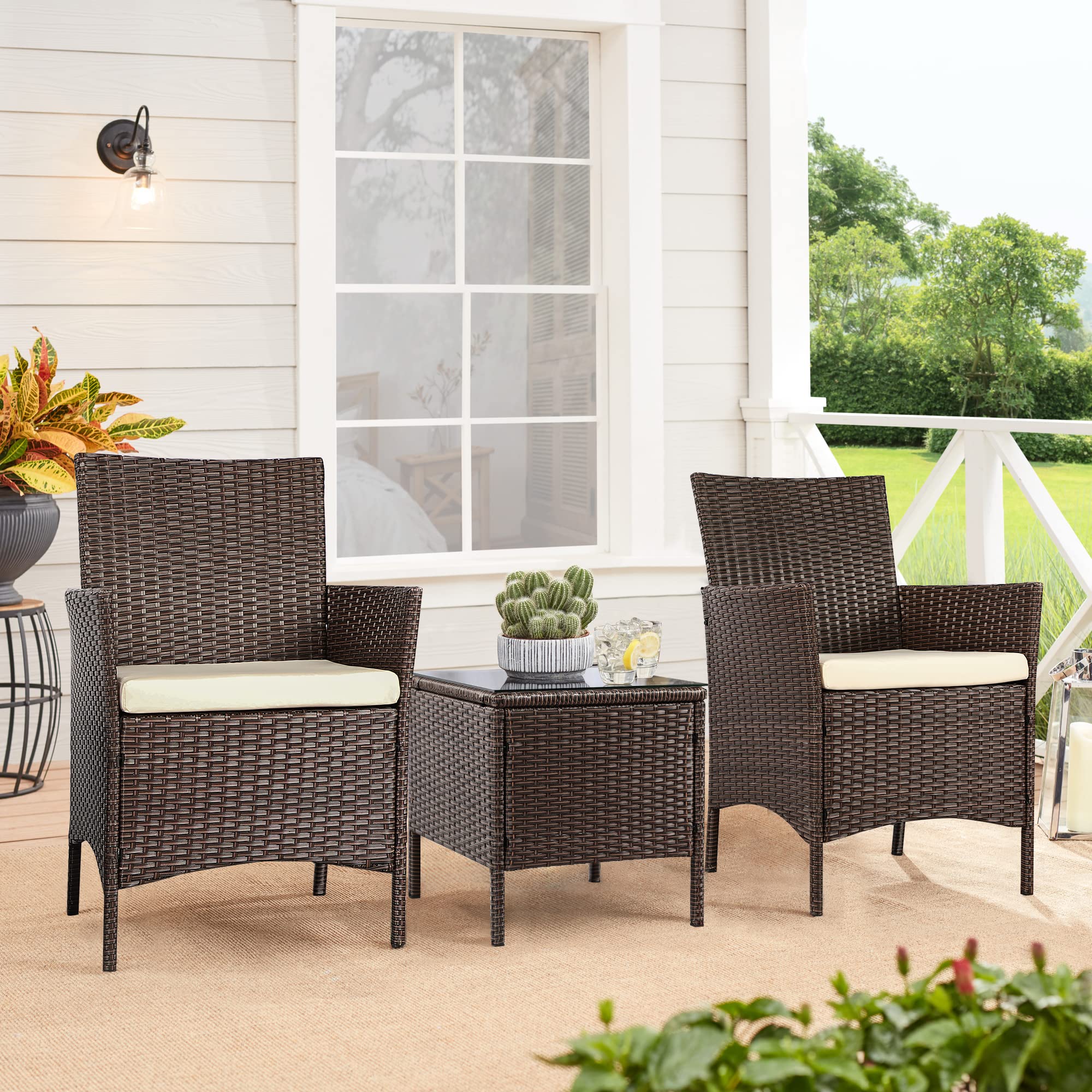 3-Piece Patio Set - Wicker Outdoor Furniture for Front Porch, Garden & Backyard - Brown Rattan Patio Furniture Set - Perfect for Relaxing, Entertaining & Outdoor Dining