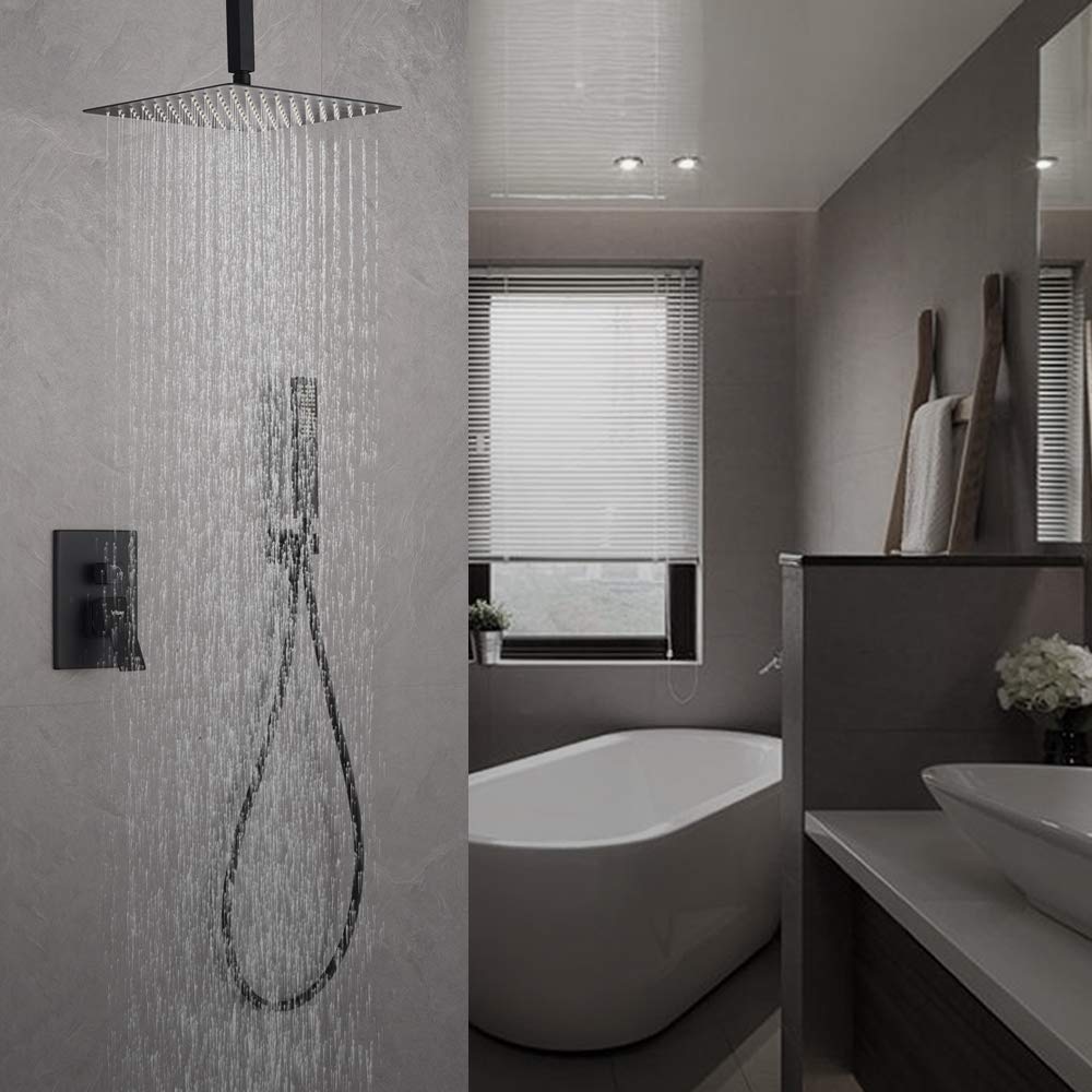 Matte Black Ceiling Mount Rain Shower System - 12 Inch Square Shower Head with Handheld Sprayer, Mixer Valve & Trim Kit | Modern Bathroom Upgrade for Spa-Like Experience