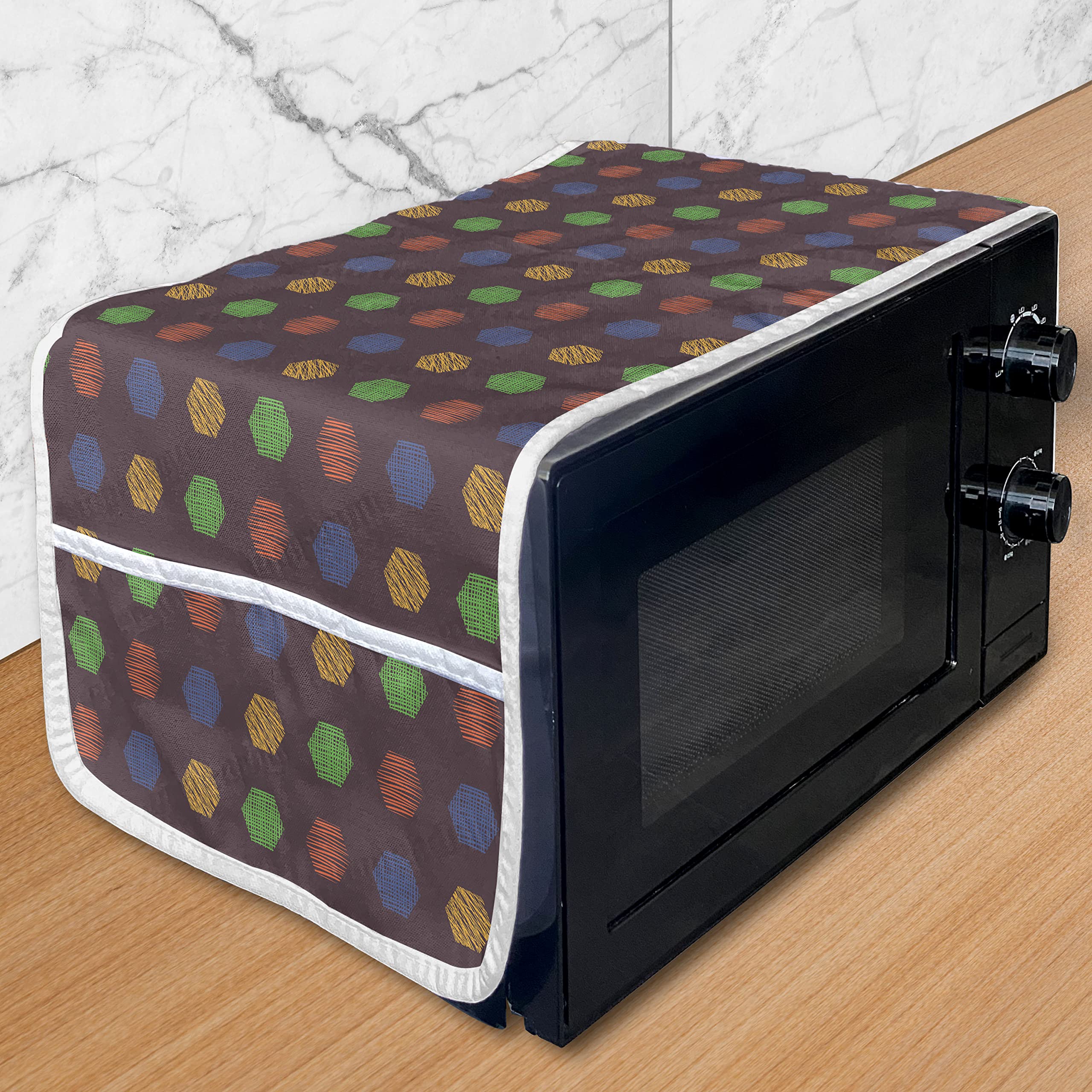 Ambesonne Geometric Microwave Oven Cover - Colorful Hexagon Doodle Design, Waterproof Kitchen Organizer with Pockets, 36