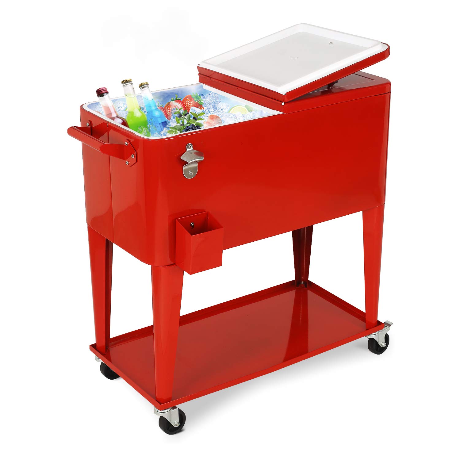 YUSING 80 Quart Red Patio Rolling Cooler Ice Chest Cart with Bottom Shelf - Portable Beach, Party, and Outdoor Drink Beverage Cooler for Picnics, BBQs, and Tailgating