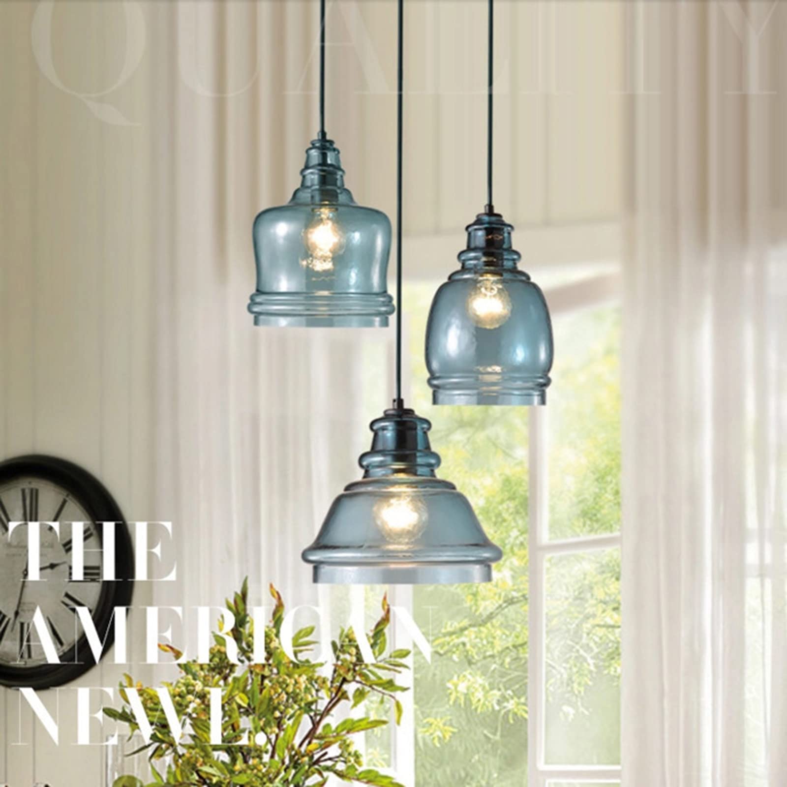 3-Light Water Pattern Blue Glass Pendant Light Fixtures - Modern Kitchen Island Hanging Chandelier, Round Ceiling Lamp for Dining Room, Bar & Breakfast Nook Lighting
