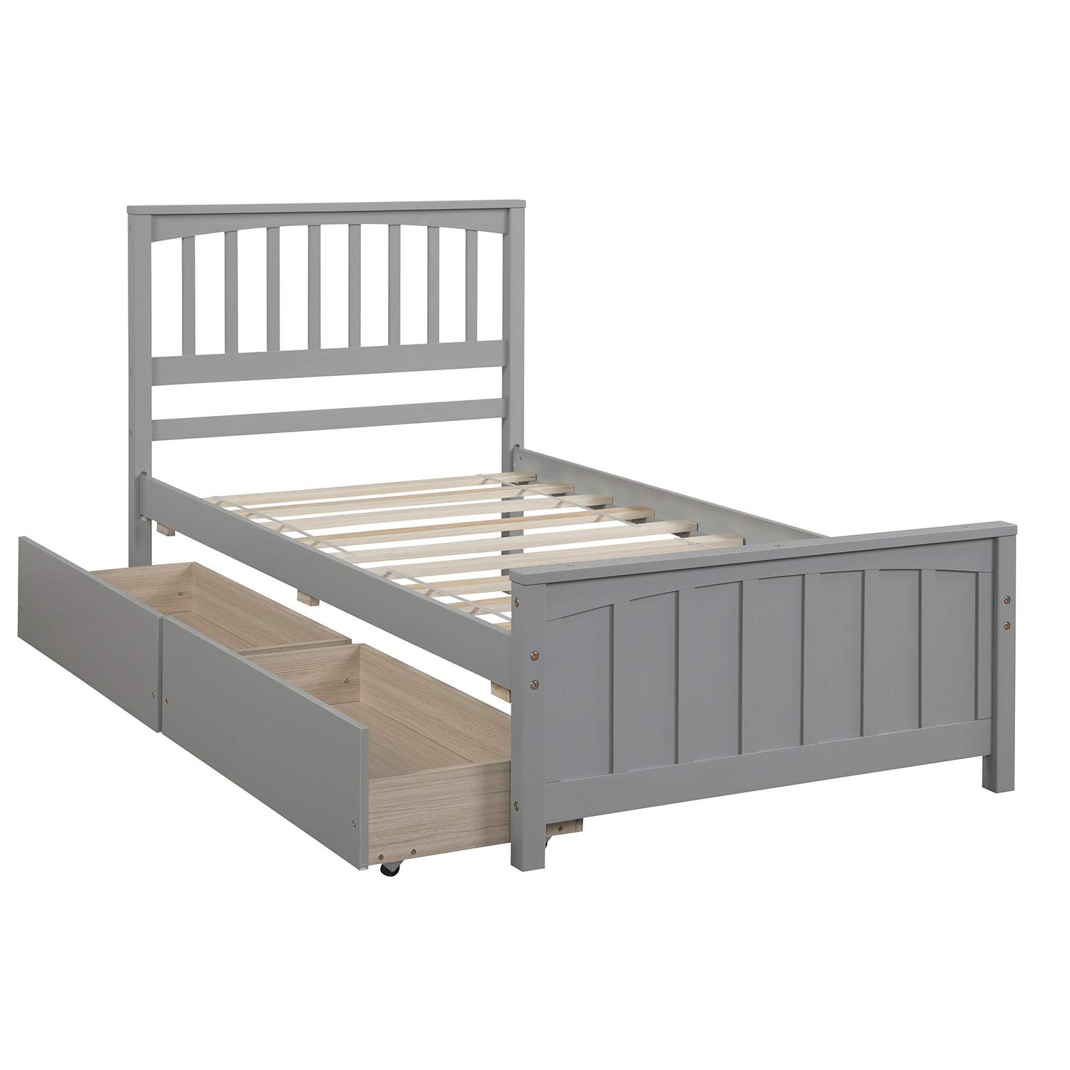 Twin Size Platform Bed Frame with 2 Drawers - Solid Pine Wood, Modern Gray Bed Frame for Small Spaces - Perfect for Kids Rooms, Guest Rooms & Apartments