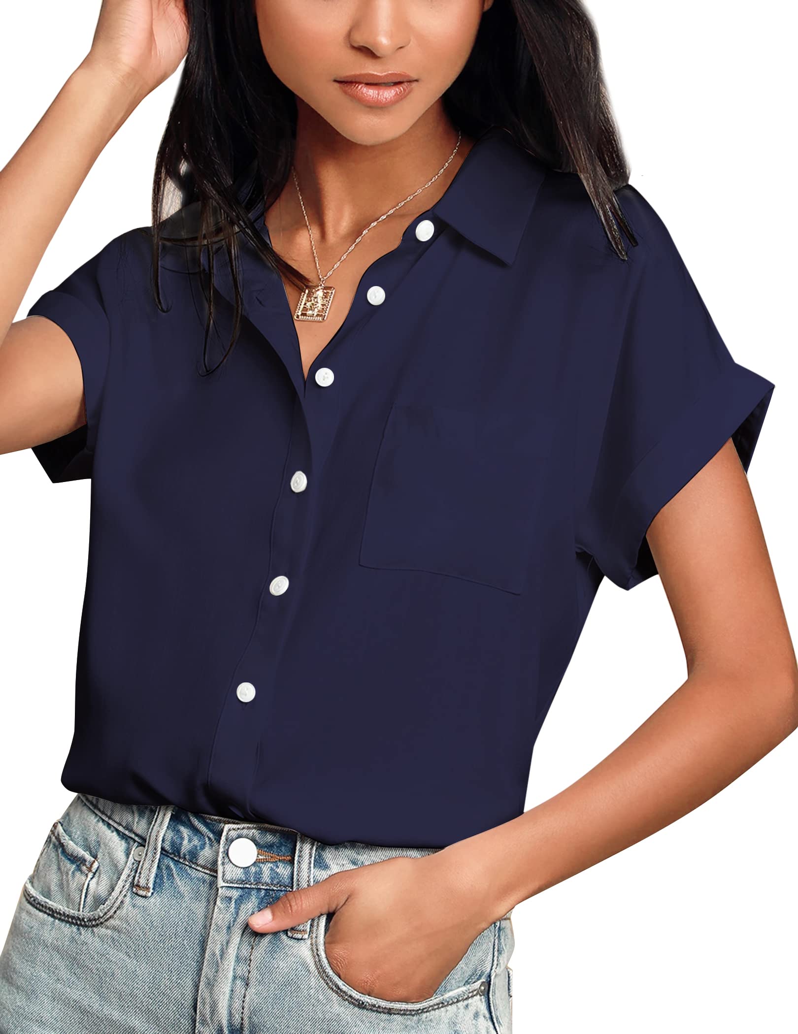Hotouch Women's Short Sleeve V-Neck Button Down Blouse - Casual Loose Fit Shirt for Work, Office & Summer Outfits