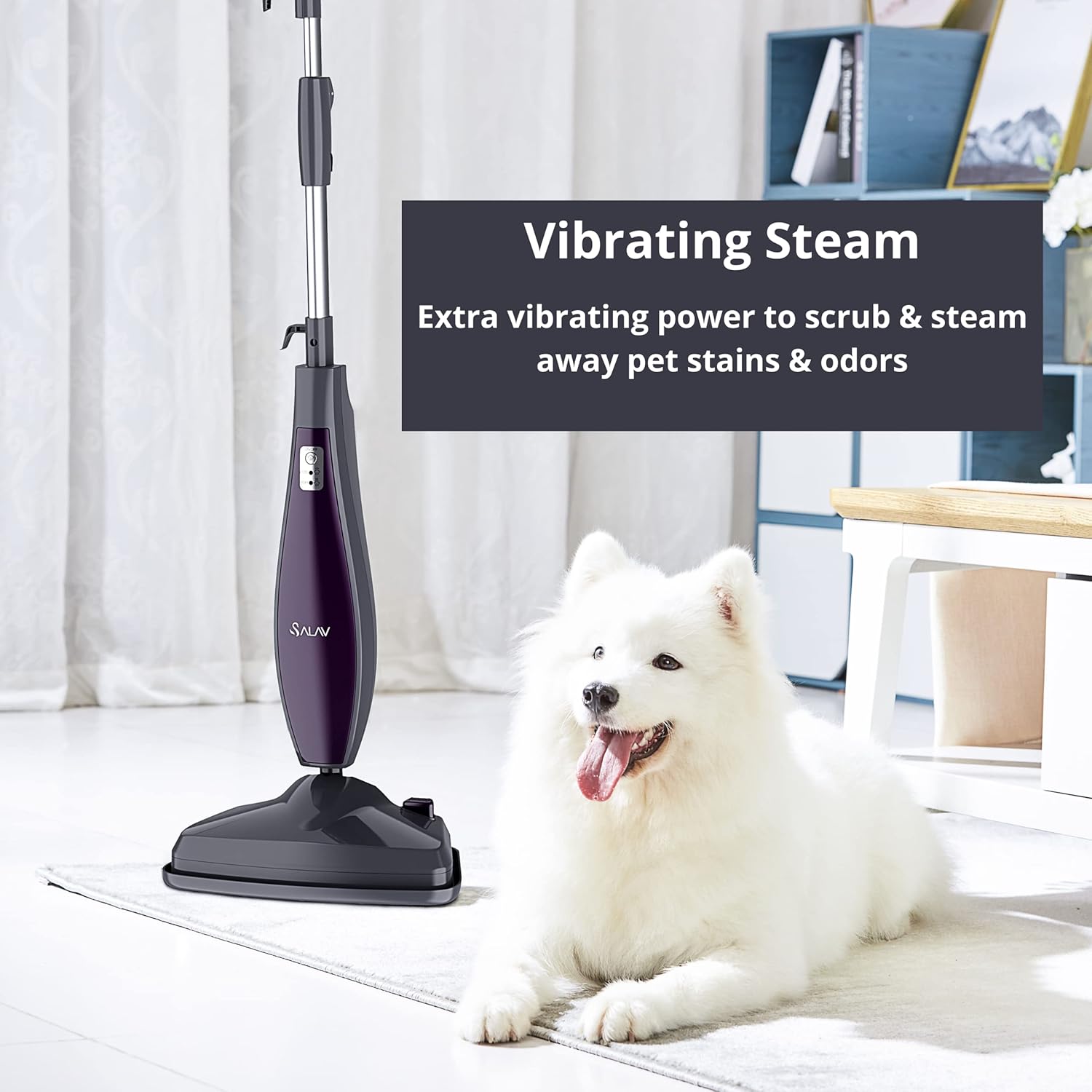 Salav STM 403 Dark Gray Midnight Pet Hair Steam Mop with Vibrating Motion Technology - Includes Washable Mop Pads, Water Cup & Carpet Glider Accessories - Perfect for Hardwood Floors, Tile & Pet Hair Removal