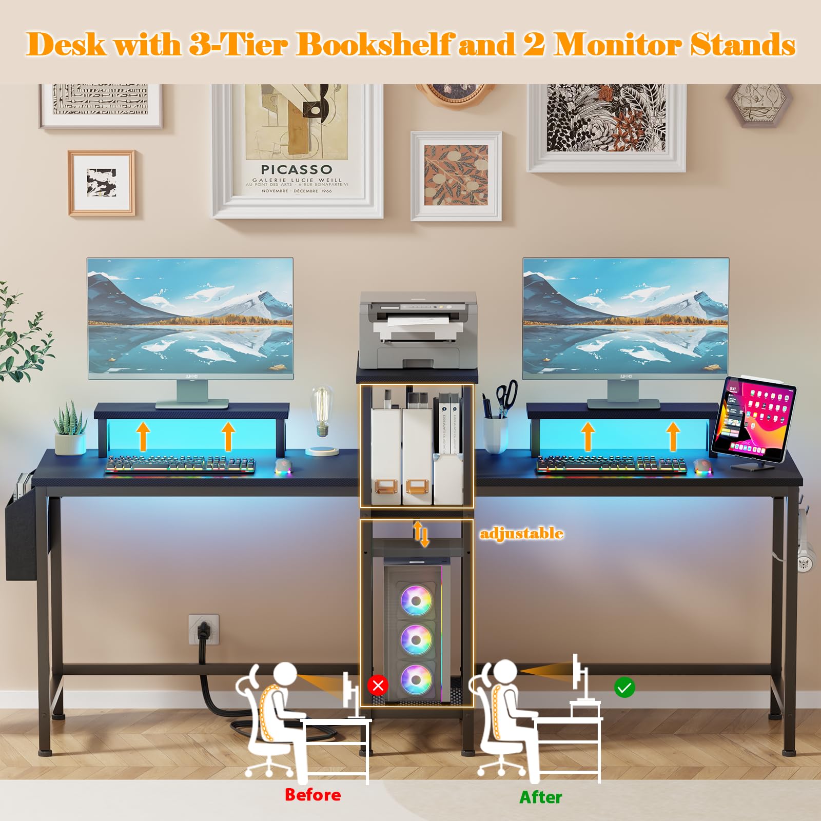 Furologee 71 Inch LED Gaming Desk for 2 Players - Dual Computer Desk with Power Outlets, Monitor Stand, Storage Bag & Headphone Hooks - Perfect for Home Office, Study & Writing | Ideal for Gamers, Remote Work & Small Spaces (Black)