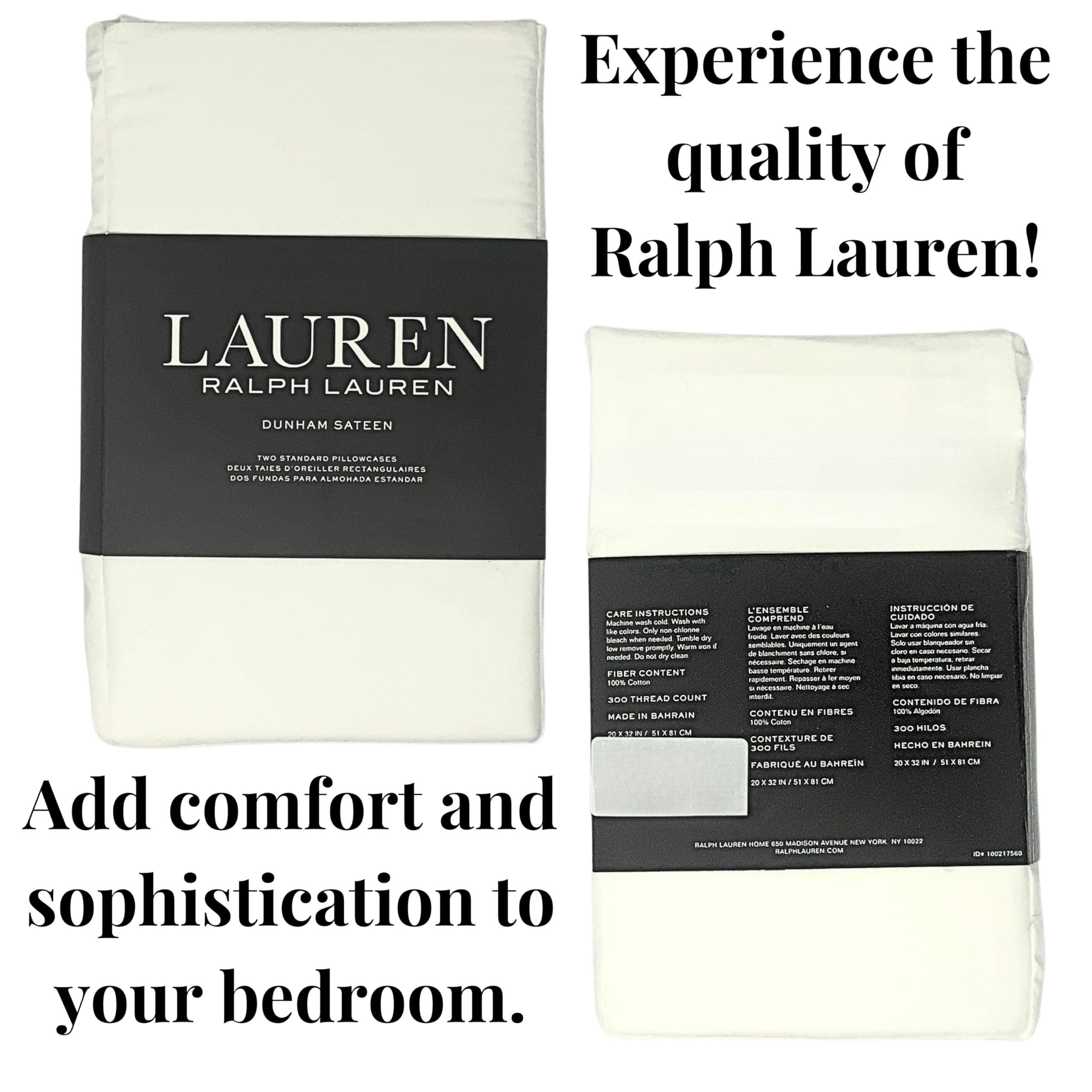 Ralph Lauren Premium Cotton Two Standard Pillowcases - Soft & Breathable for Ultimate Comfort - Perfect for Bedroom, Guest Room, and Hotel Use