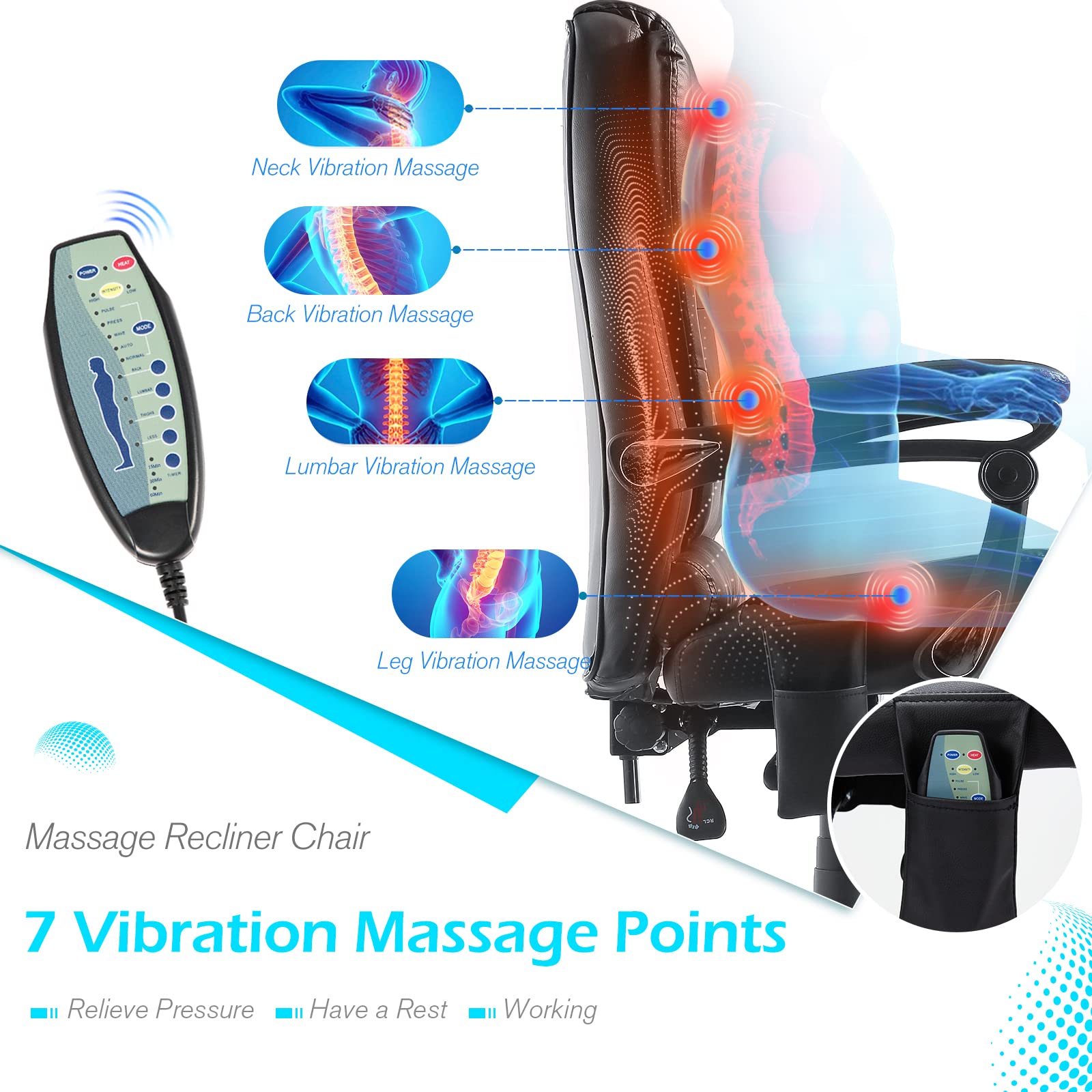 Ergonomic Heated Massage Office Chair with 7-Point Vibration, Adjustable Height & Footrest - Black Leather Computer Desk Chair for Home Office with Lumbar Support - Perfect for Long Work Sessions, Gaming & Relaxation