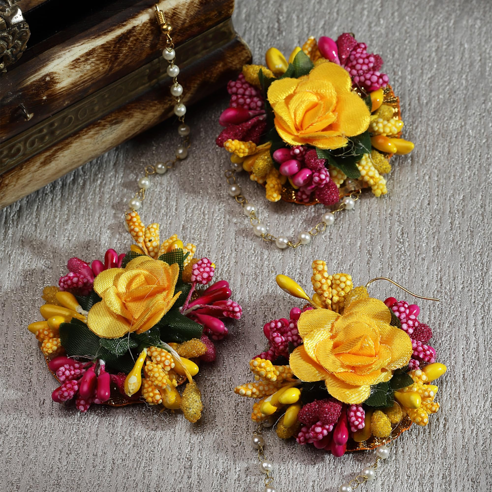 Gold-Plated Pearl & Gota Patti Flower Haldi Mehendi Maang Tikka with Earrings Set - Indian Bridal Jewelry for Wedding, Haldi Ceremony & Mehendi Function