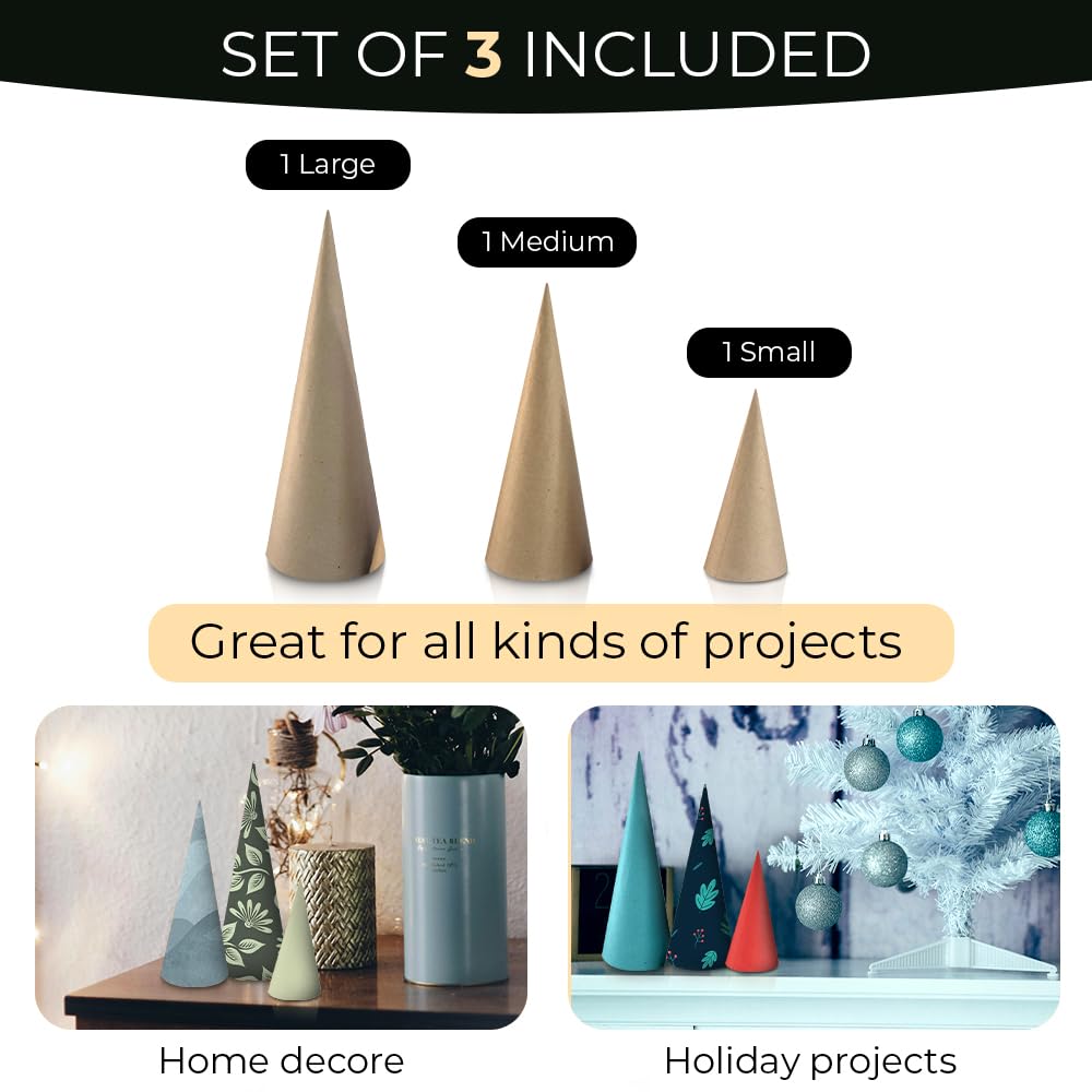 3PCS Paper Mache Craft Cones - Open Bottom Cardboard DIY Gnomes, Ornaments & Tree Decorations for Fall, Halloween, Christmas - 3 Sizes (13.75x5, 10.63x4, 7x3 inches) - Perfect for Holiday Crafts, Home Decor & DIY Art Projects