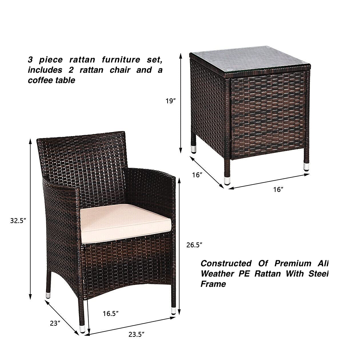 3-Piece Outdoor Patio Furniture Set with 2 Rattan Chairs & 1 Tempered Glass Coffee Table - Beige Cushions for Backyard, Deck, Balcony, Poolside & Outdoor Living Spaces - Perfect for Relaxing, Entertaining & Enjoying Nature