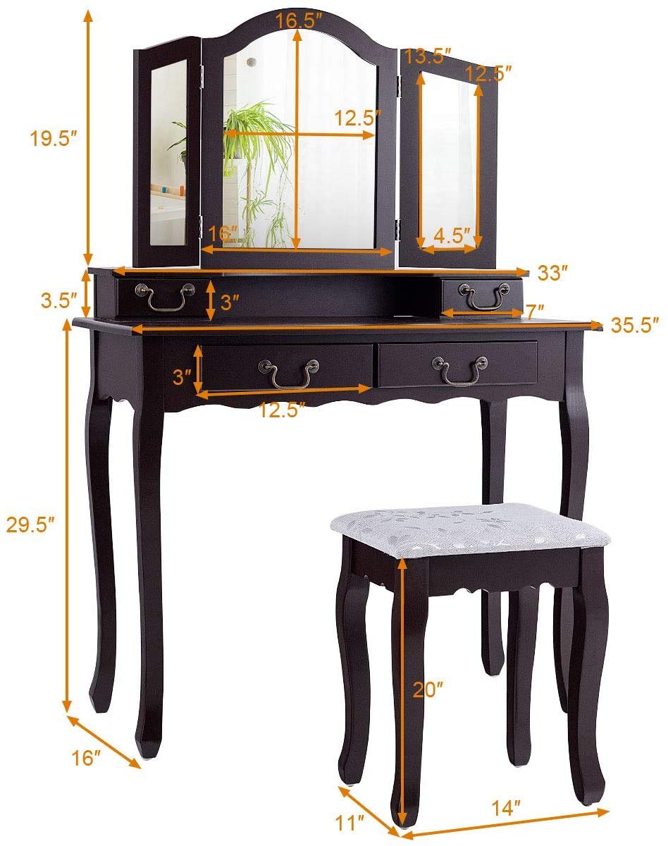 Tri-Fold Vanity Table Set with 4 Drawers & Adjustable Mirror - Detachable Top Writing Desk & Comfortable Stool - Perfect for Makeup, Dressing Room, Home Office, and Coffee Corner