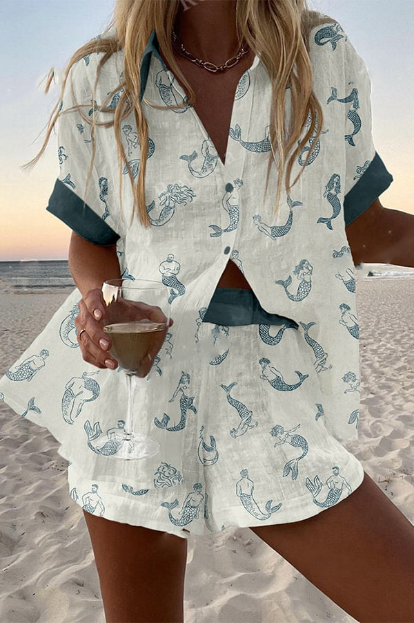 Mermaid Print Loose Fit Button Up Shorts with Elastic Waistband - Women's Summer Beach Shorts Set for Vacation, Pool Party & Casual Outings