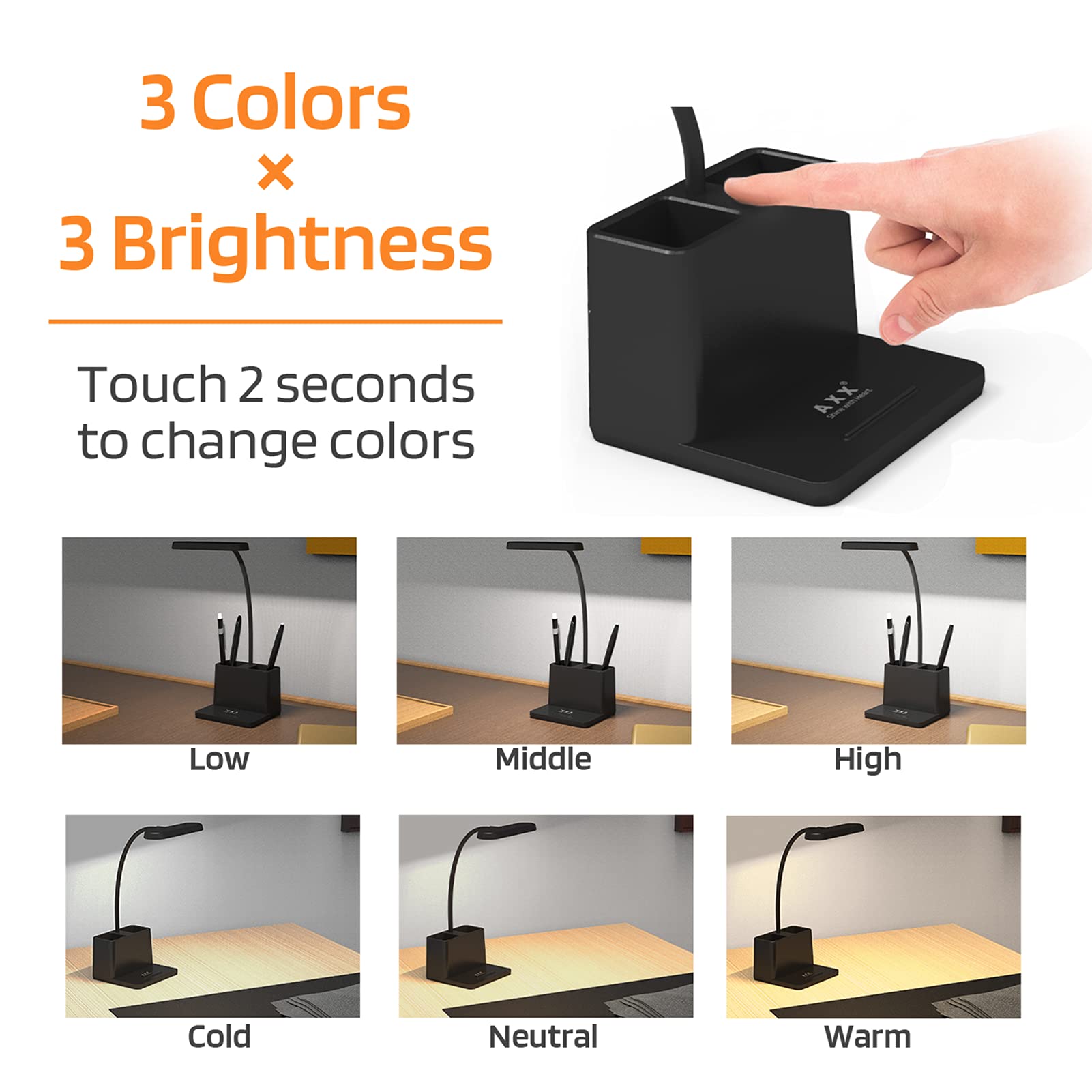 AXX Black LED Desk Lamp - Dimmable Rechargeable Battery Operated Table Light with Flexible Gooseneck, Touch Control, Pen Holder & Phone Mount | Perfect for Home Office, Bedroom, Computer Desktop Study & Reading