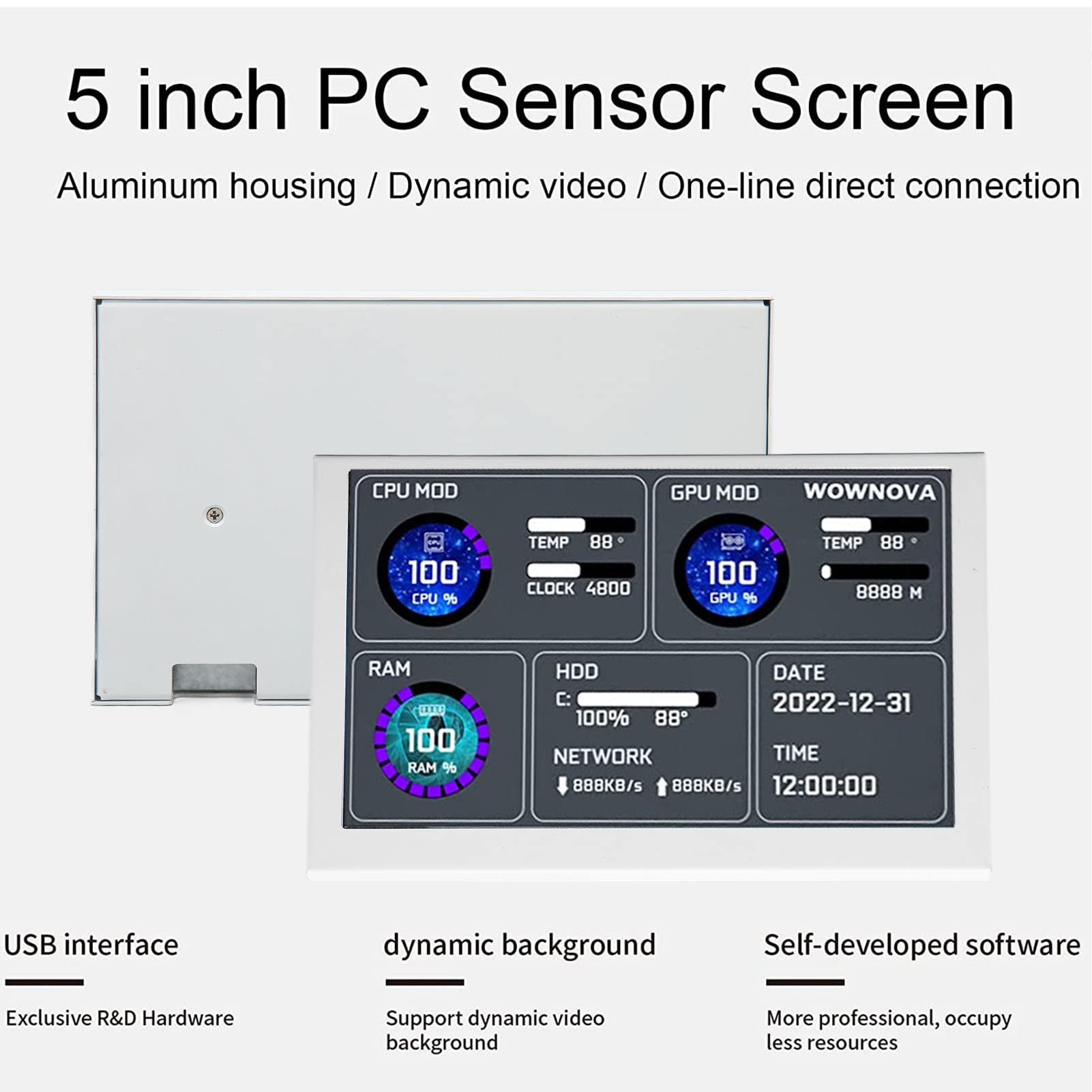 Zunate 5-inch USB Computer Temperature Monitor - IPS Mini PC Sensor Display with 360° Rotation, DIY Themes & Auto Screen Rest - Real-Time CPU/GPU Temp Monitoring for Windows PC - Perfect for Gaming Rigs, Workstations & Home Office Setups