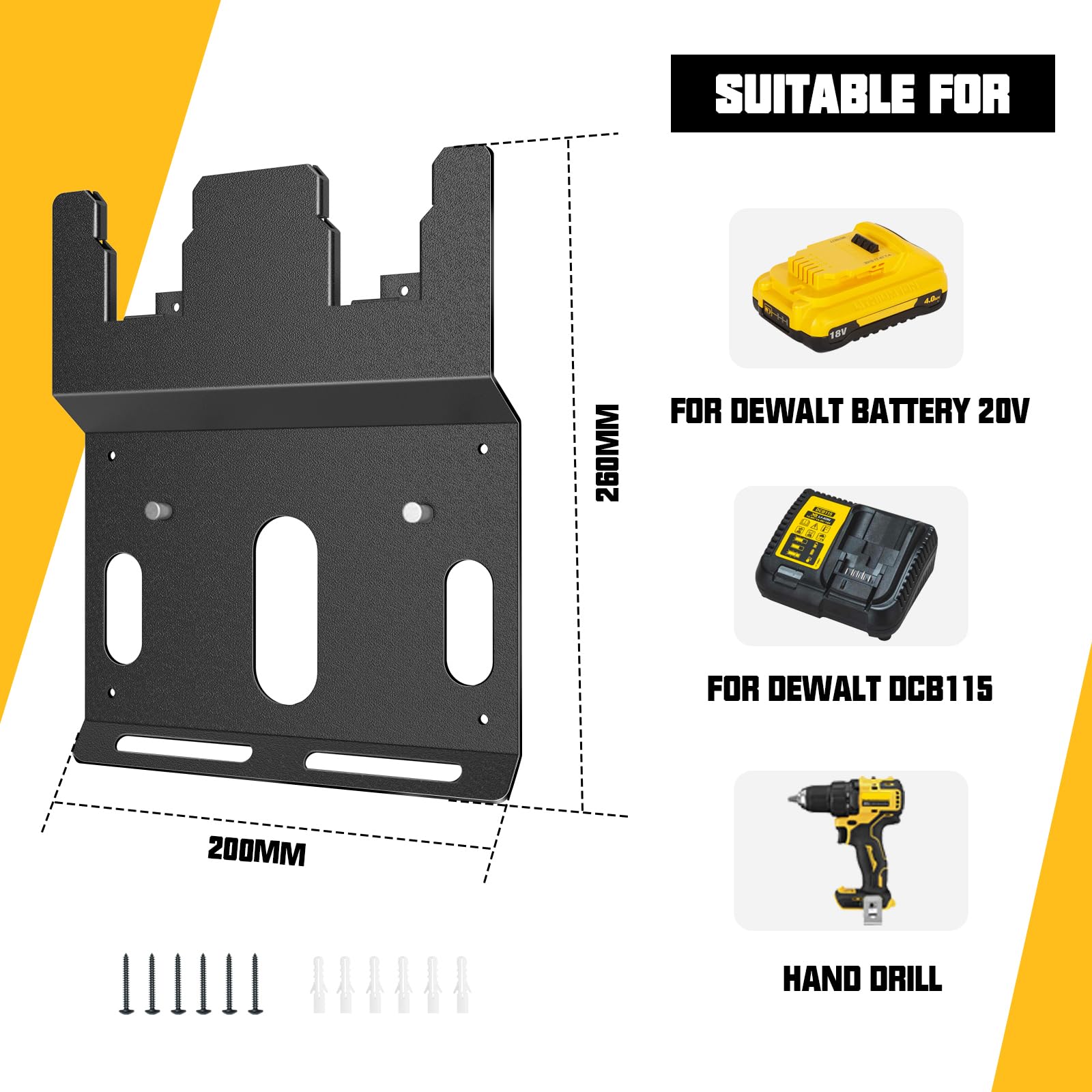 **DeWalt 20V Battery & DCB115 Charger Wall Mount Bracket - Heavy Duty Metal Black Holder for 2 Batteries & Charger - Perfect for Tool Room, Garage & Workshop Organization**