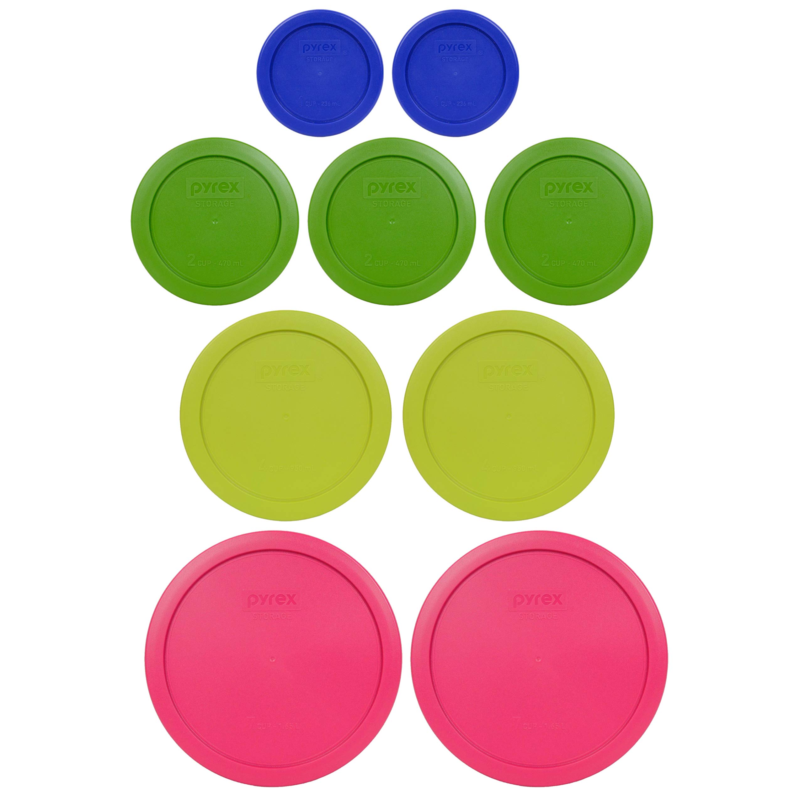 Pyrex Replacement Food Storage Lids Set - 6/7-Cup Fuchsia, 4-Cup Edamame Green, 2-Cup Lawn Green, 1-Cup Cadet Blue - Airtight Plastic Lids for Meal Prep, Leftovers & Kitchen Organization
