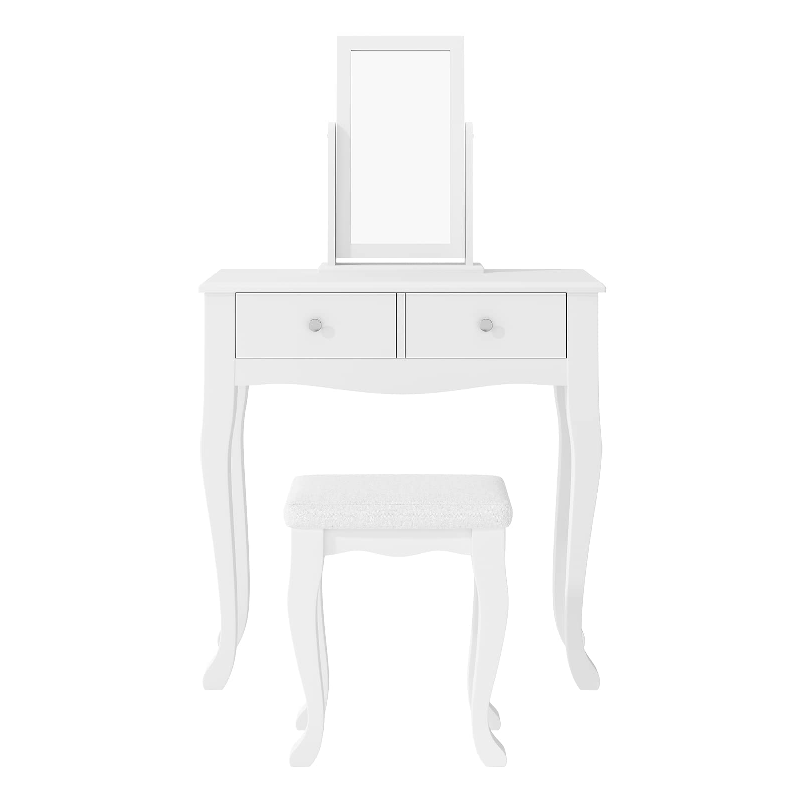 Soges White Makeup Vanity Table Set with 2-Drawer Dresser Desk, 360° Rotating Mirror & Cushioned Stool - Elegant Bedroom Dressing Table for Women's Beauty Routine, Cosmetics Organization & Home Decor