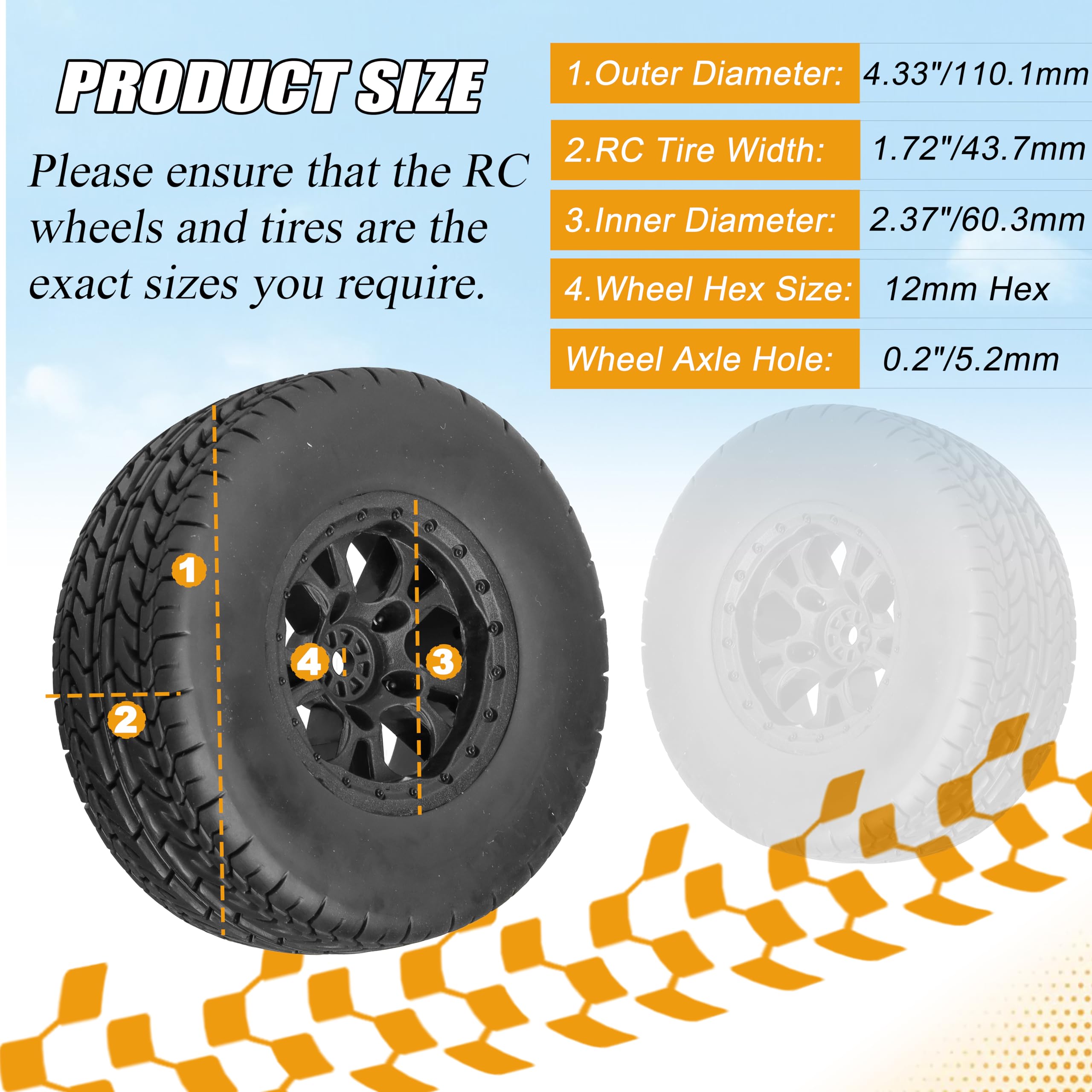 12mm Hex RC Wheels and Tires - 4PCS Pre-Glued 1/10 Scale Short Course Truck Tires & Wheels (4.25