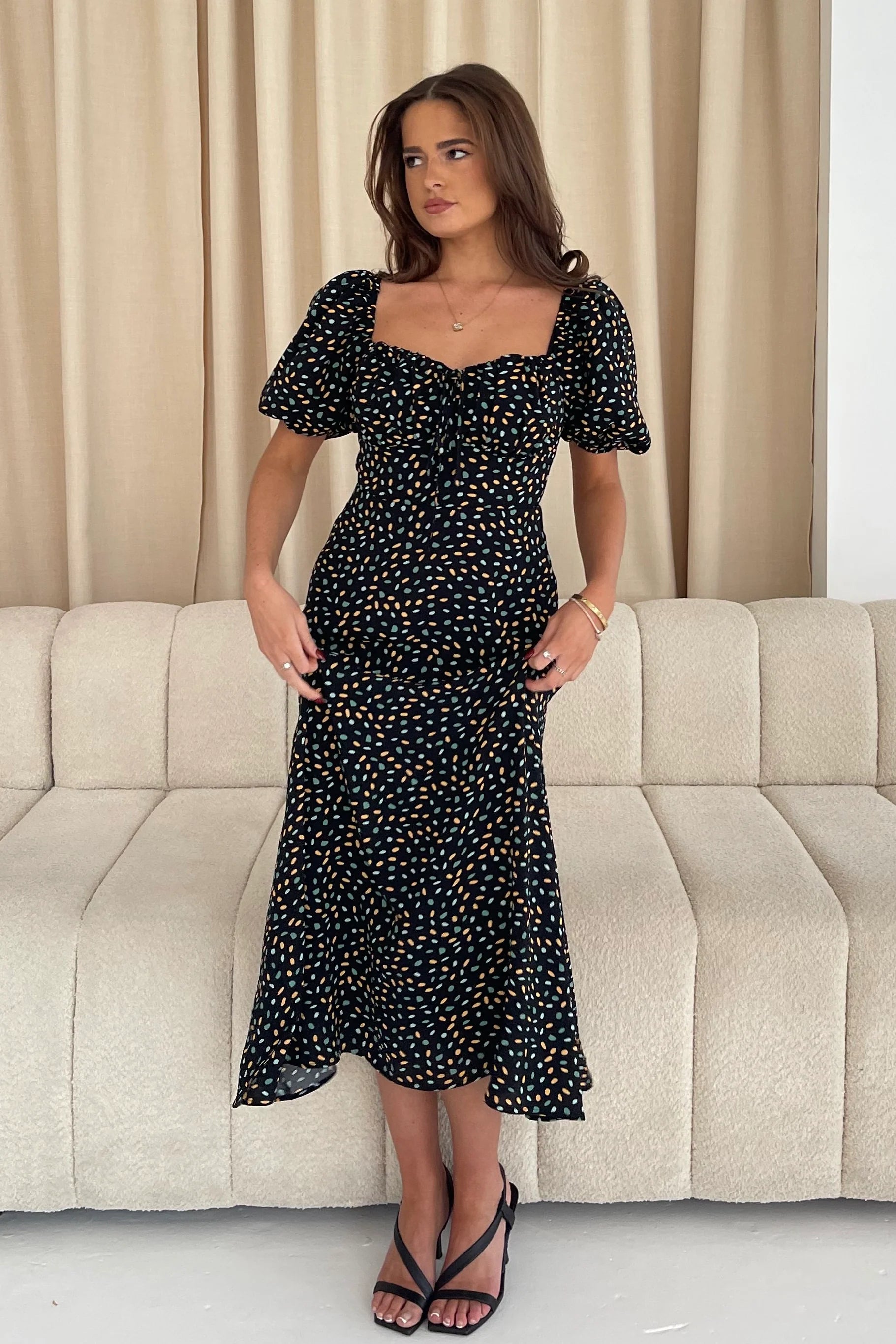 Jemima Square Neck Midi Dress for Women - Floral Print Summer Dress (Black/Multi Color) - Perfect for Beach Vacation, Date Night & Office Wear