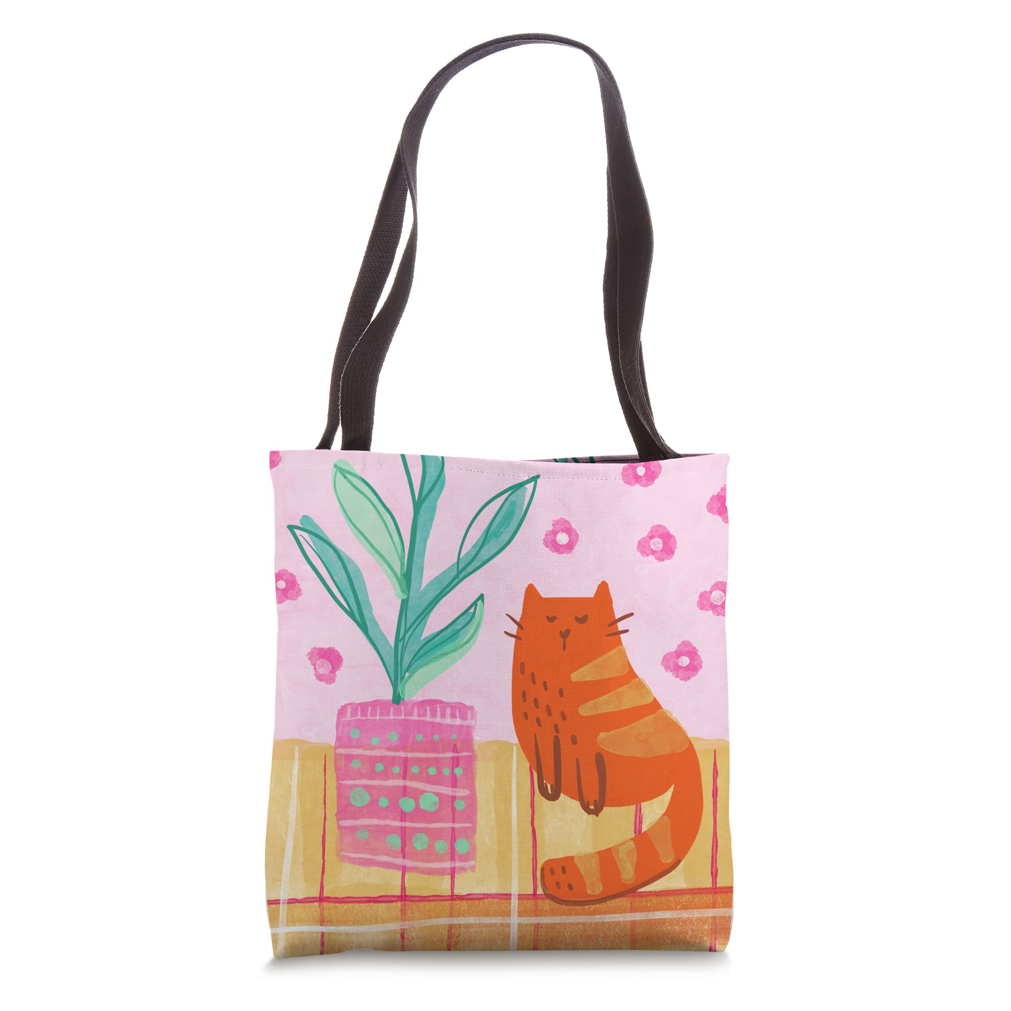 Stylish Orange Tabby Cat & Green Plant Illustration Tote Bag - Cute & Fun Eco-Friendly Shopping Bag for Groceries, Beach, Work & Travel