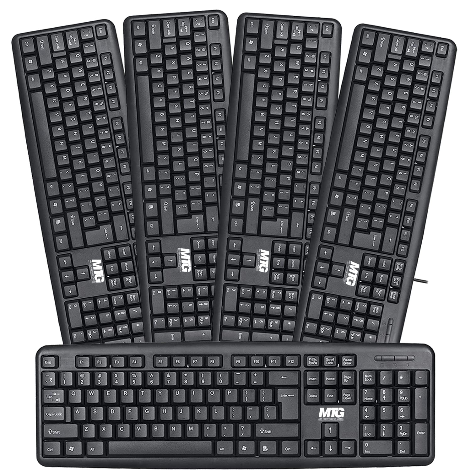 MTG Wired 104-Key USB Computer Keyboard with 5ft Cable, Foldable Legs - Compatible with Windows PC & Laptop (5-Pack) | Ergonomic Typing for Office, Gaming & Home Use