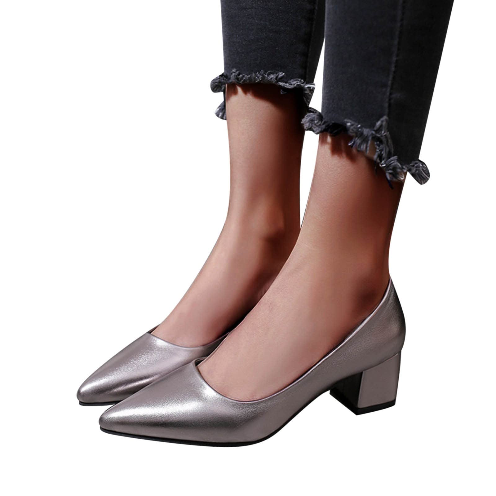 Women's Comfortable Slip-On Chunky Heel Sandals - Pointed Toe Solid Color Low Heels (1.97