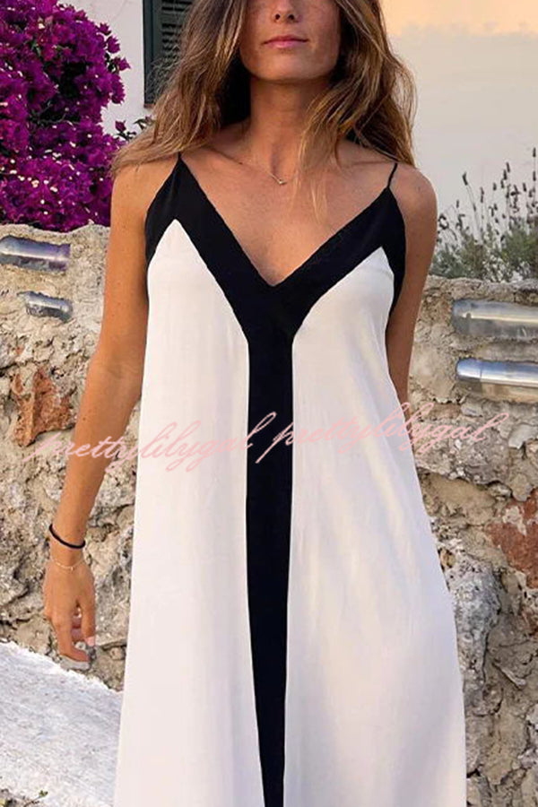 Horizon Satin Colorblock Strap Loose Maxi Dress for Women - Summer Beach Vacation, Boho Chic Outfit, Evening Party Wear