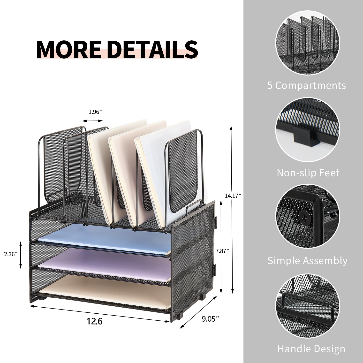 3-Tier Paper Organizer with 5 Vertical File Holders - Black Desk Organizer for Office & Home, File Folder Storage Solution | Perfect for Office Desks, Home Offices & Workspaces