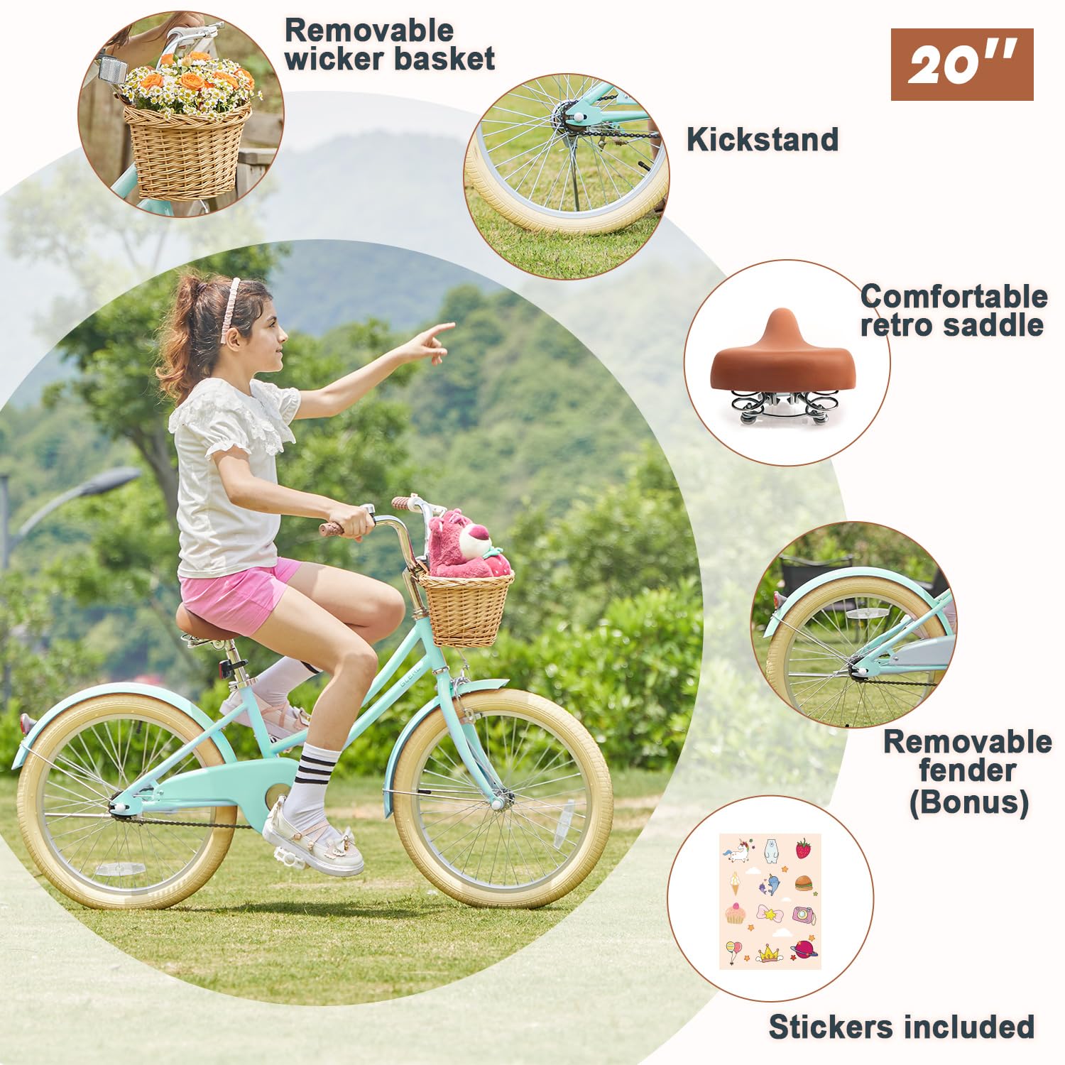 Little Molly 12-20 Inch Retro Cruiser Girls Bike for Kids Ages 2-13 Years - Toddler & Children Bicycle with Wicker Basket, Training Wheels & Kickstand - Multiple Color Options - Perfect for Neighborhood Rides, Park Adventures & Learning to Cycle