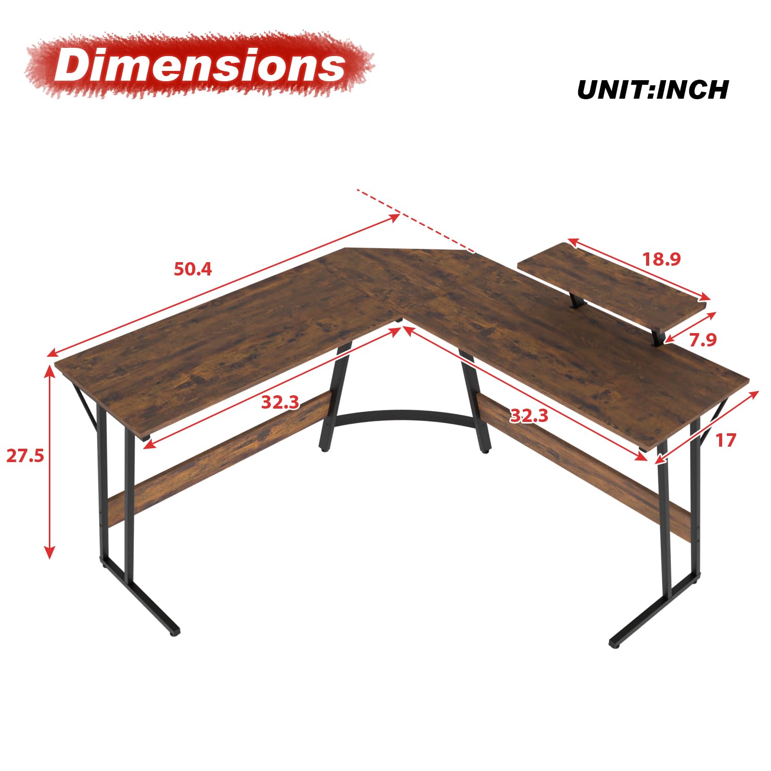 PayLessHere L-Shaped Corner Gaming Desk - Large Computer Desk for Home Office, Study & Work - Ergonomic Design for Gaming & Productivity - Brown