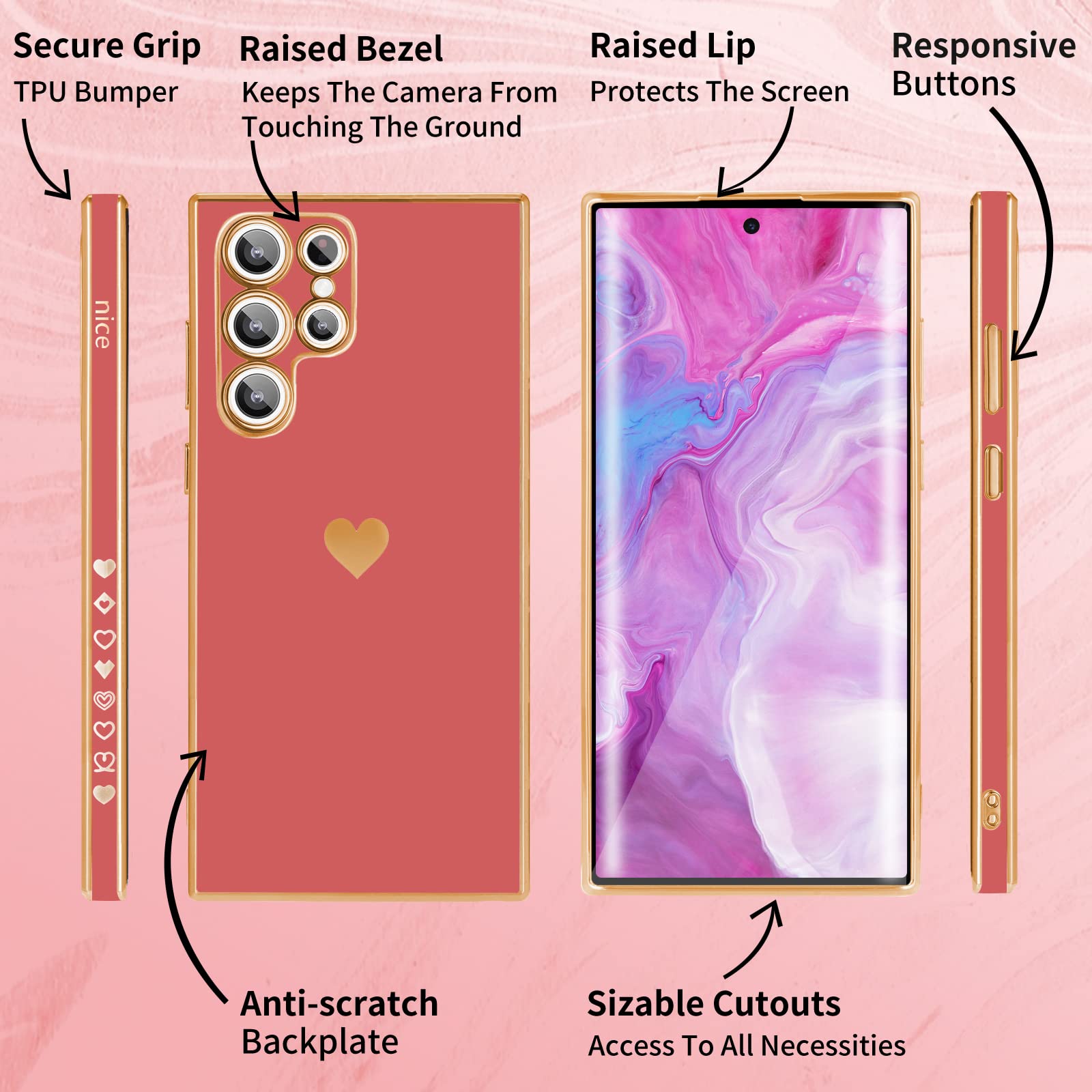 **Stylish 3-in-1 Heart Pattern Phone Case for Samsung Galaxy S22 Ultra - Cute Aesthetic Love Design, Black & Gold Luxury Cover with Screen Protector & Chain (Red) - Perfect Gift for Women & Girls**    **Usage Scenarios:** Ideal for daily use, travel, parties, or as a trendy gift for Valentine's Day, birthdays, or special occasions.