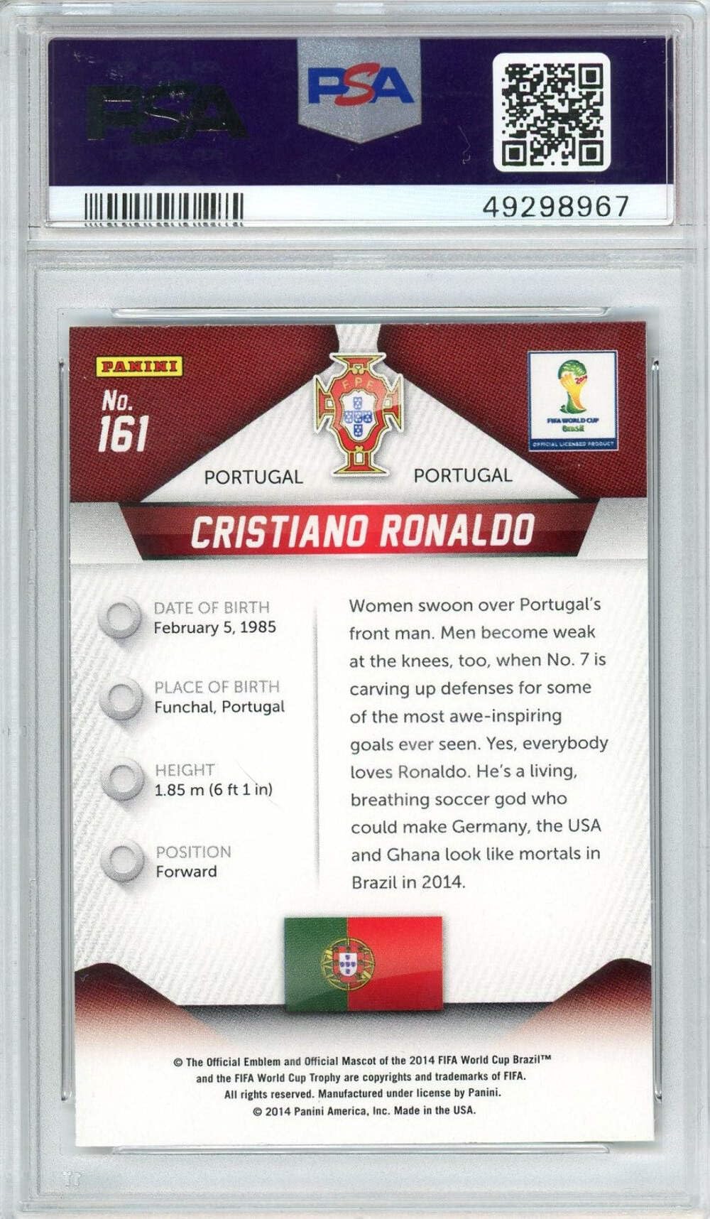 2014 Panini Prizm Cristiano Ronaldo #161 PSA 10 Gem Mint World Cup Soccer Trading Card - Perfect for Soccer Collectors, Sports Memorabilia Display & Investment