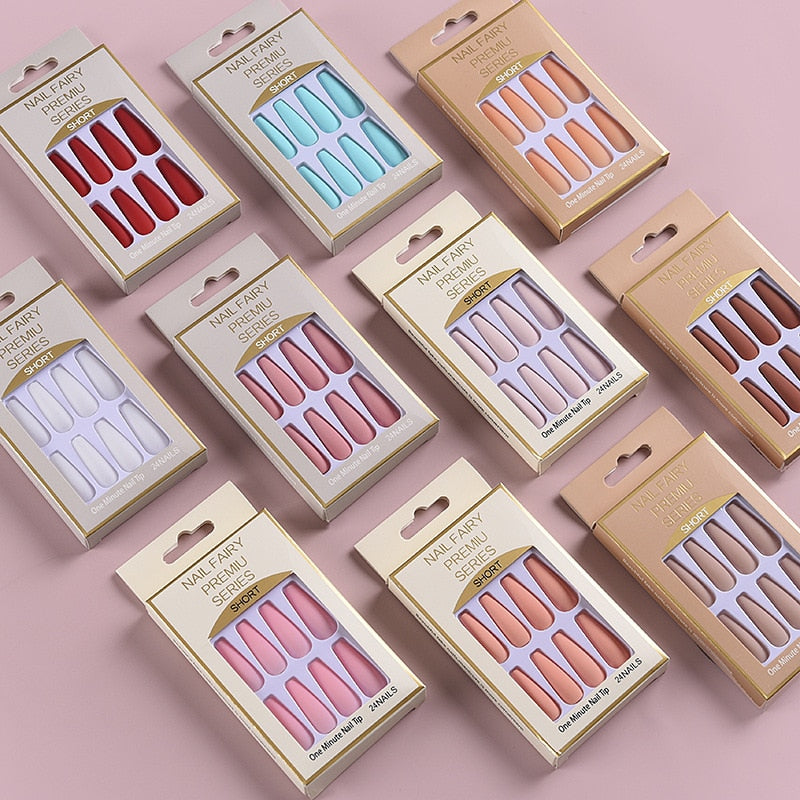 24Pcs Matte Frosted Press-On False Nails - Full Cover Detachable Fake Nails with Glue - Ballet Style Artificial Fingernails for Parties, Weddings & Special Occasions