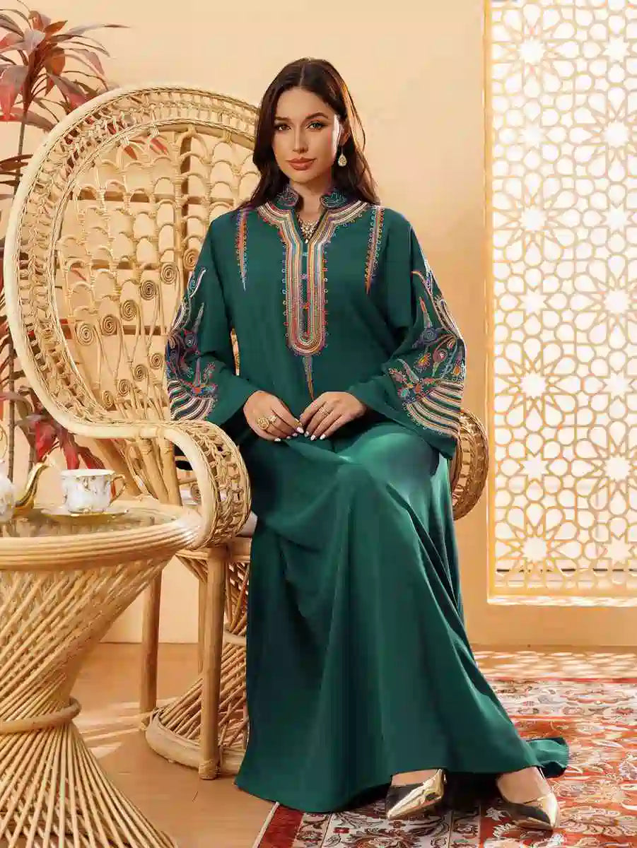 Elegant Eid Rope Embroidery Kaftan Dress for Women - Flowy Muslim Caftan with Intricate Design - Perfect for Eid Celebrations, Weddings & Special Occasions