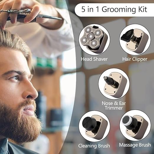 5-in-1 Men's Electric Shaver & Beard Trimmer with 5D Floating Blades - Waterproof Cordless Razor for Bald Head Shaving & Body Grooming | Perfect for Travel, Home & Office Use