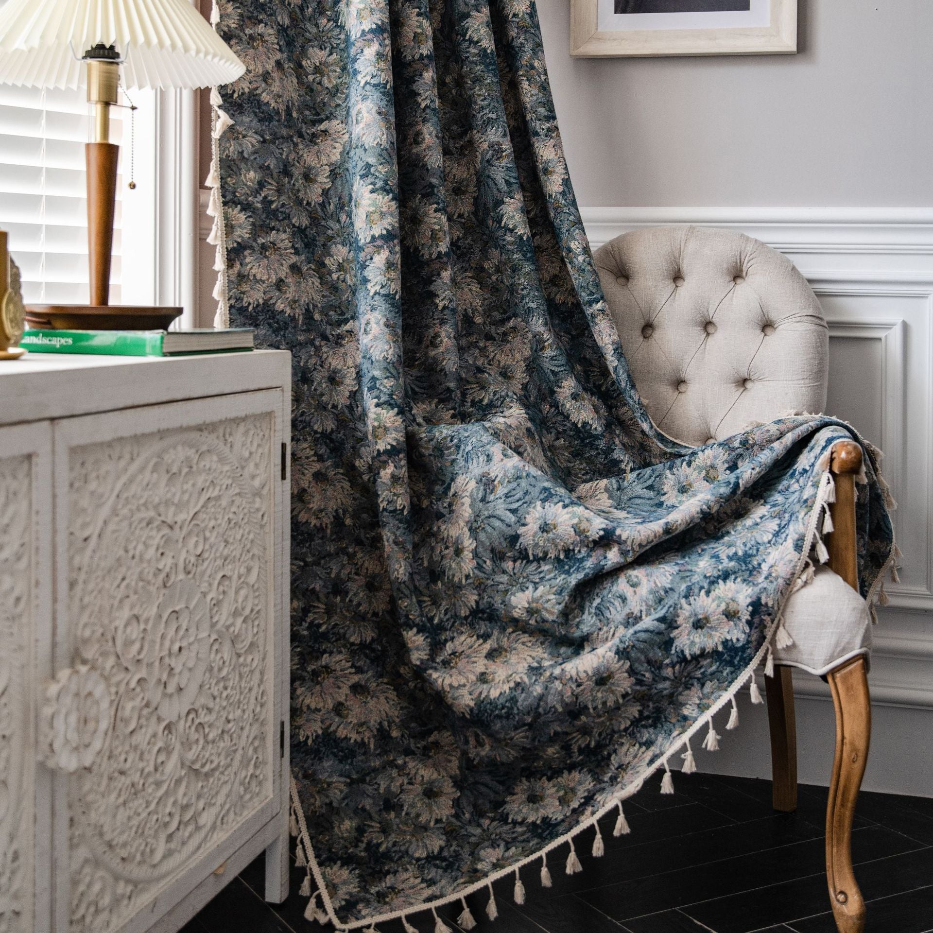 Annika Blue Floral Soundproof Blackout Curtains with Tassels - Custom Size for Bedroom, Living Room & Home Theater Noise Reduction