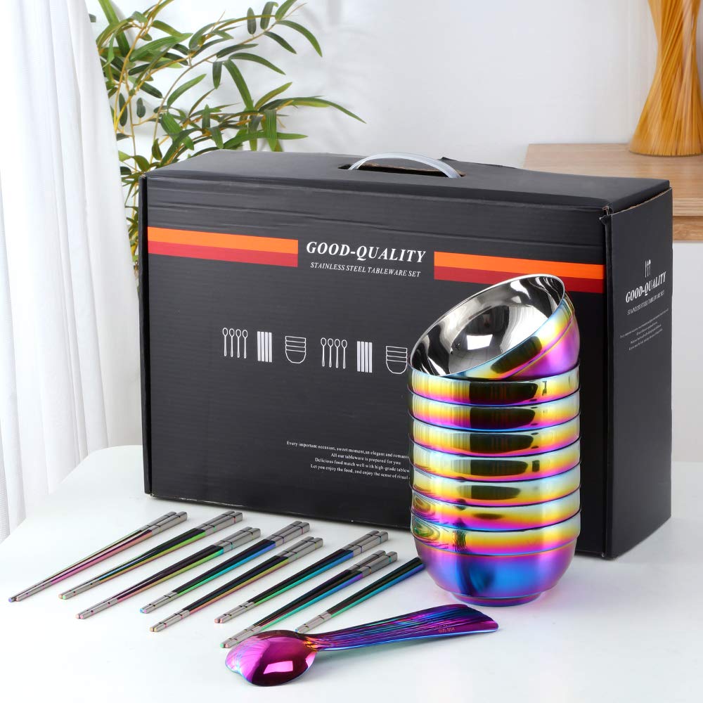 Premium 24-Piece SUS 304 Stainless Steel Bowl Set with Spoon & Chopsticks - 19oz Double-Walled Metal Rice & Cereal Bowls for Home, Restaurant & Kitchen Use - Rainbow Color Collection for Adults & Kids - Perfect for Dining, Serving, Camping & Meal Prep