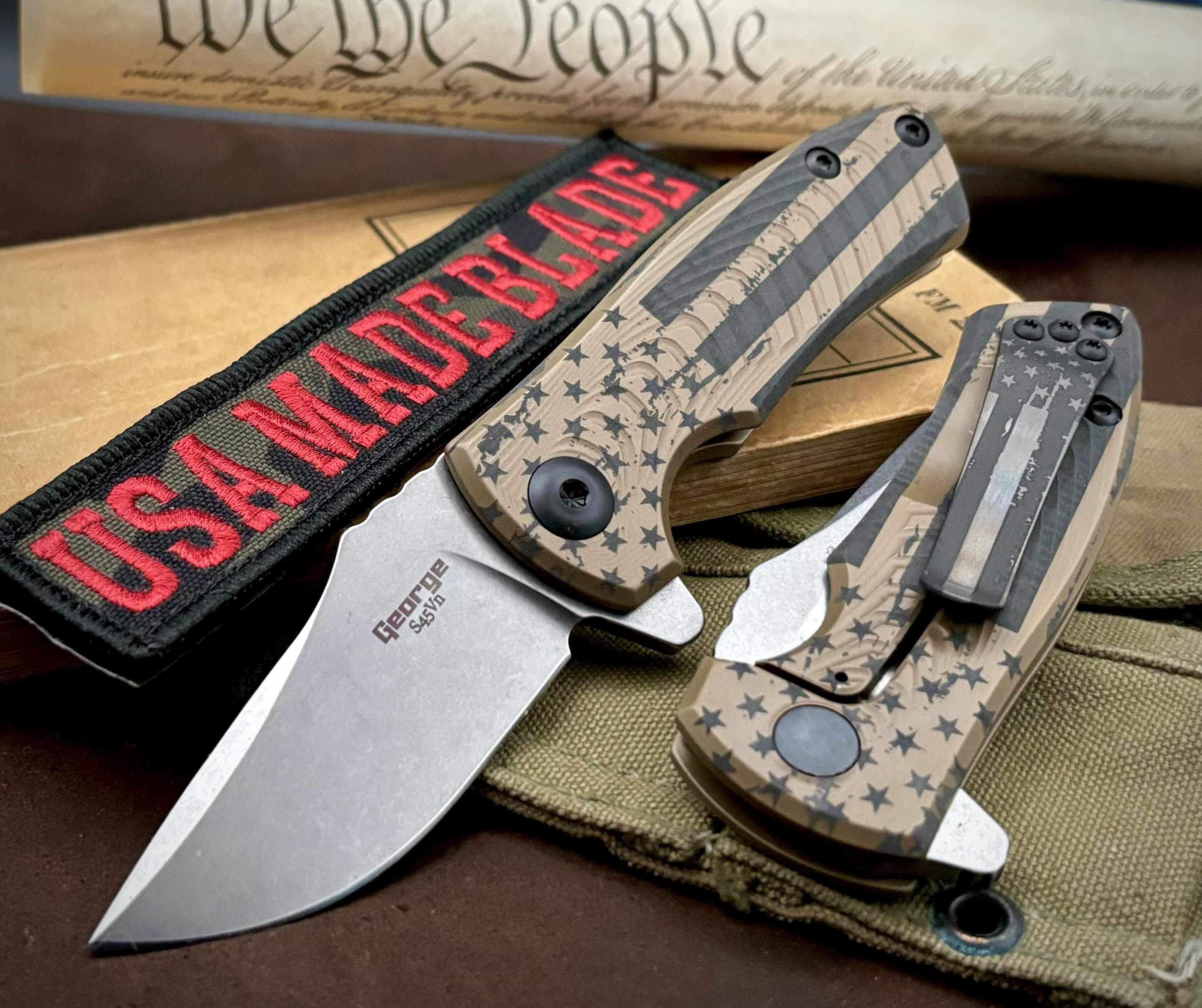 Battle Stars & Stripes Les George ESV Flipper Knife - FDE DLC Morph Titanium Handle, S45VN Steel Blade, Black DLC Hardware - EDC Pocket Knife for Outdoor, Camping & Tactical Use