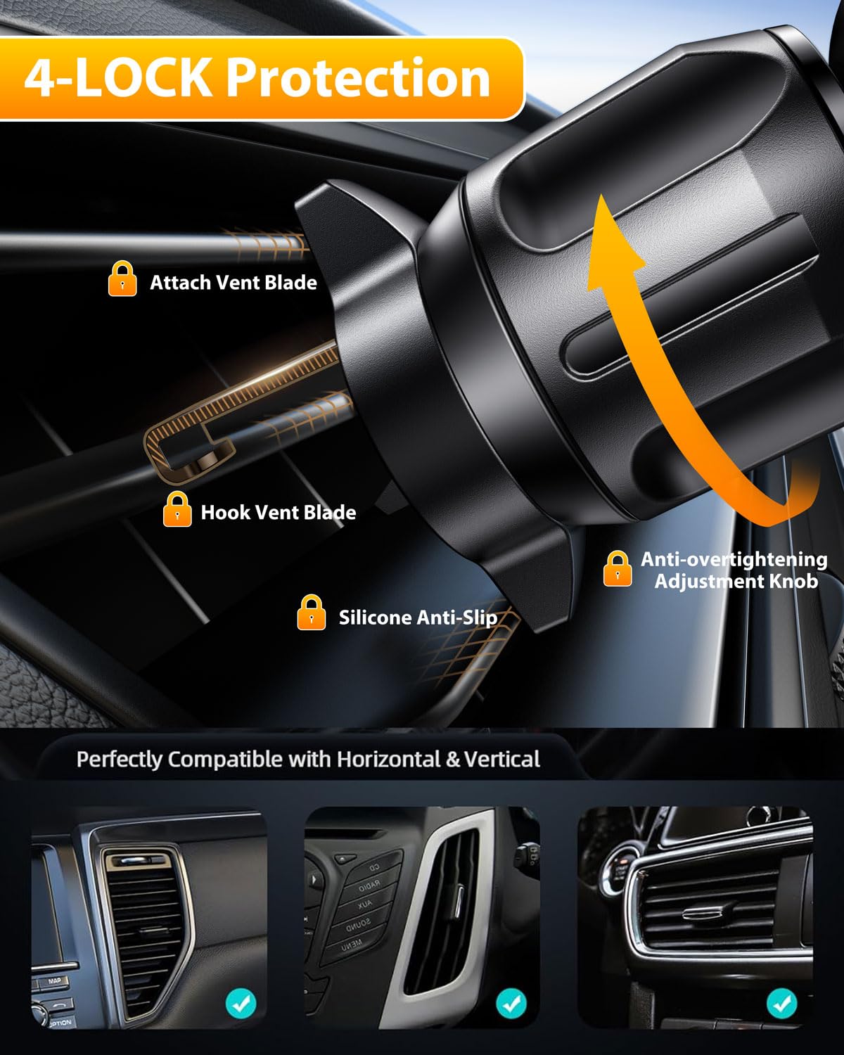 Military-Grade 360° Rotating Car Phone Holder - Universal Air Vent & Dashboard Mount for iPhone & Android Smartphones | Secure Suction Cup for Windshield & Safe Driving Accessories