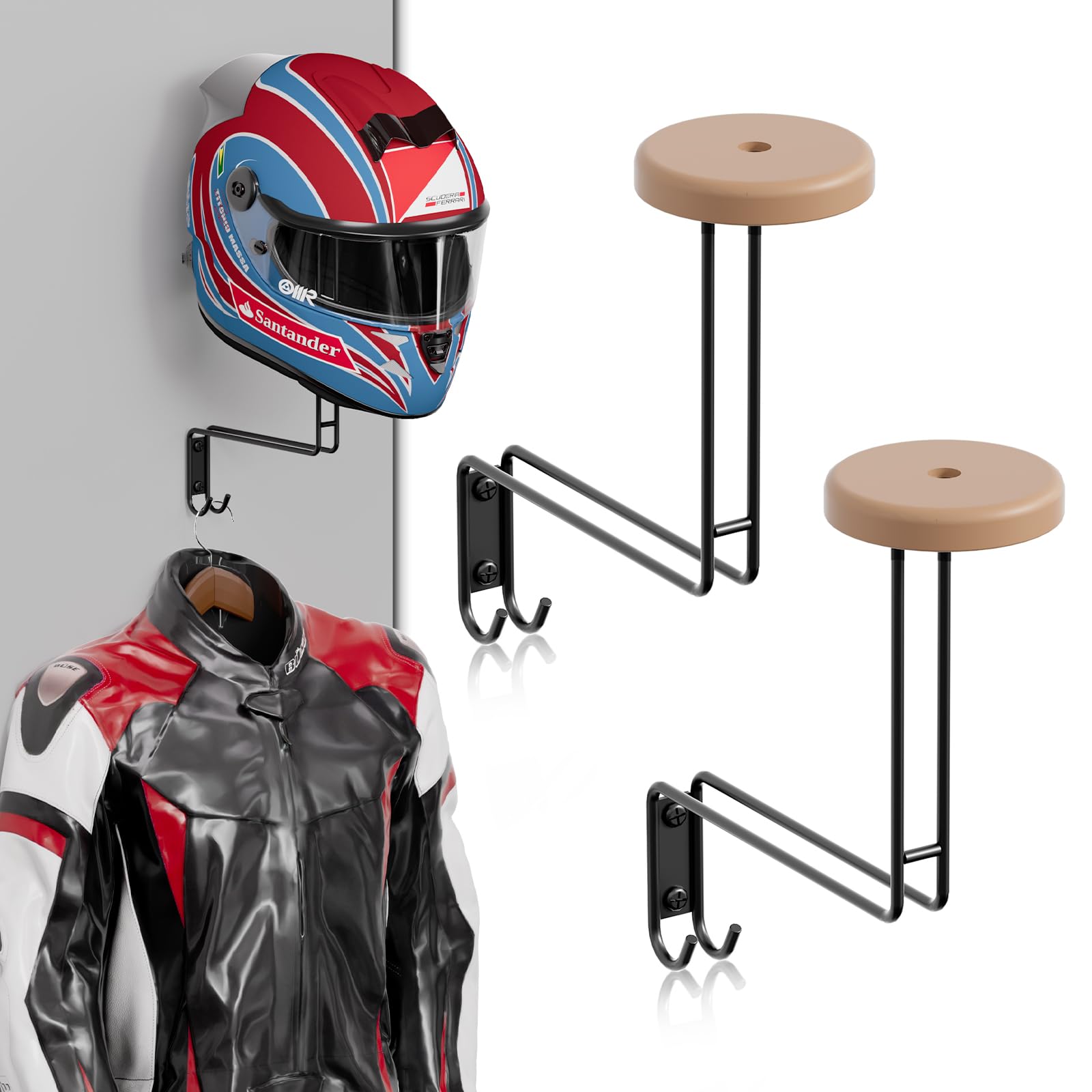 2 Pack Motorcycle Helmet Rack Wall Mount with Hooks - for Bike, Coat & Cap Storage